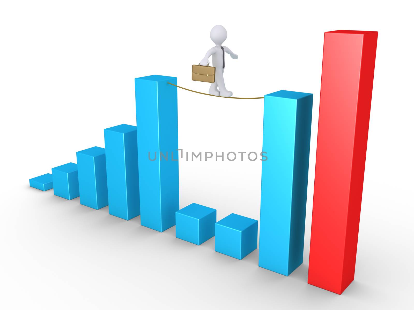 Businessman is walking on a rope connected on two columns of a graphic chart