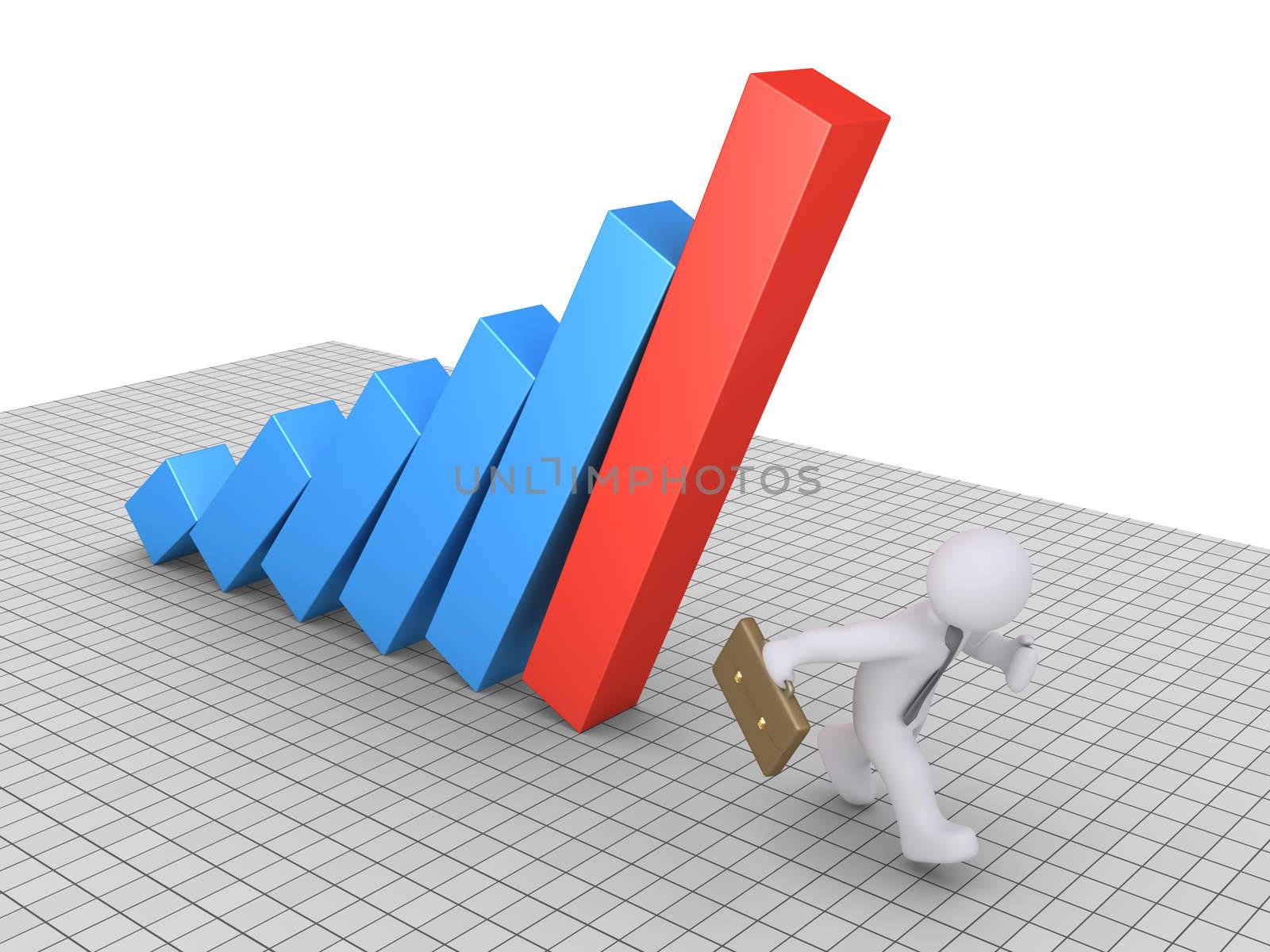 Businessman is running to avoid the falling columns of a graphic chart