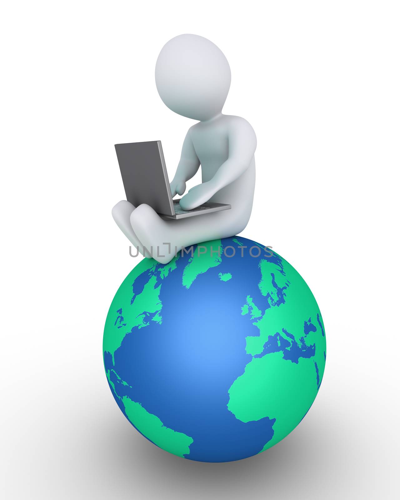 Person is using a laptop and is sitting on the globe