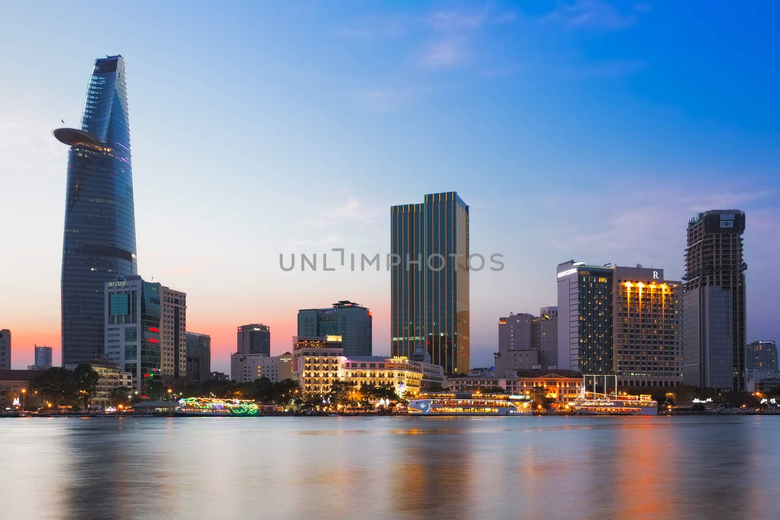 SAIGON (HO CHI MINH CITY), VIETNAM - JANUARY  2014: Skyline of Saigon with Saigon River