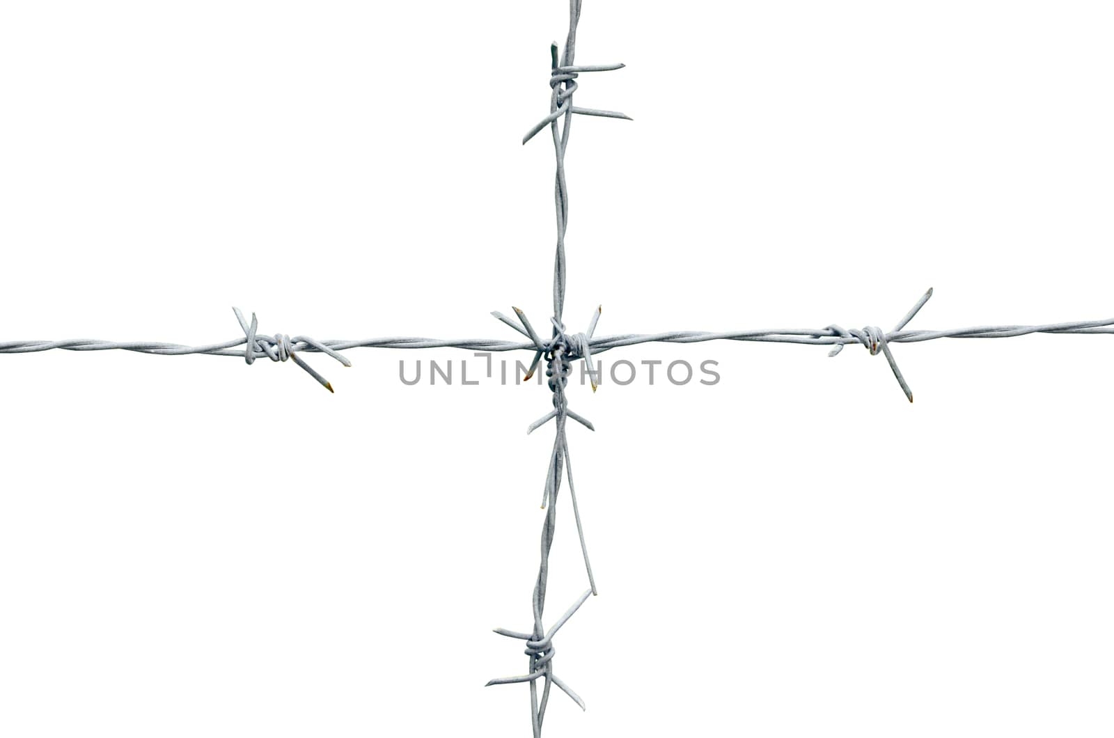 Rusty barbed wire vertically attached to the horizontal. Isolated on white background. clipping path.