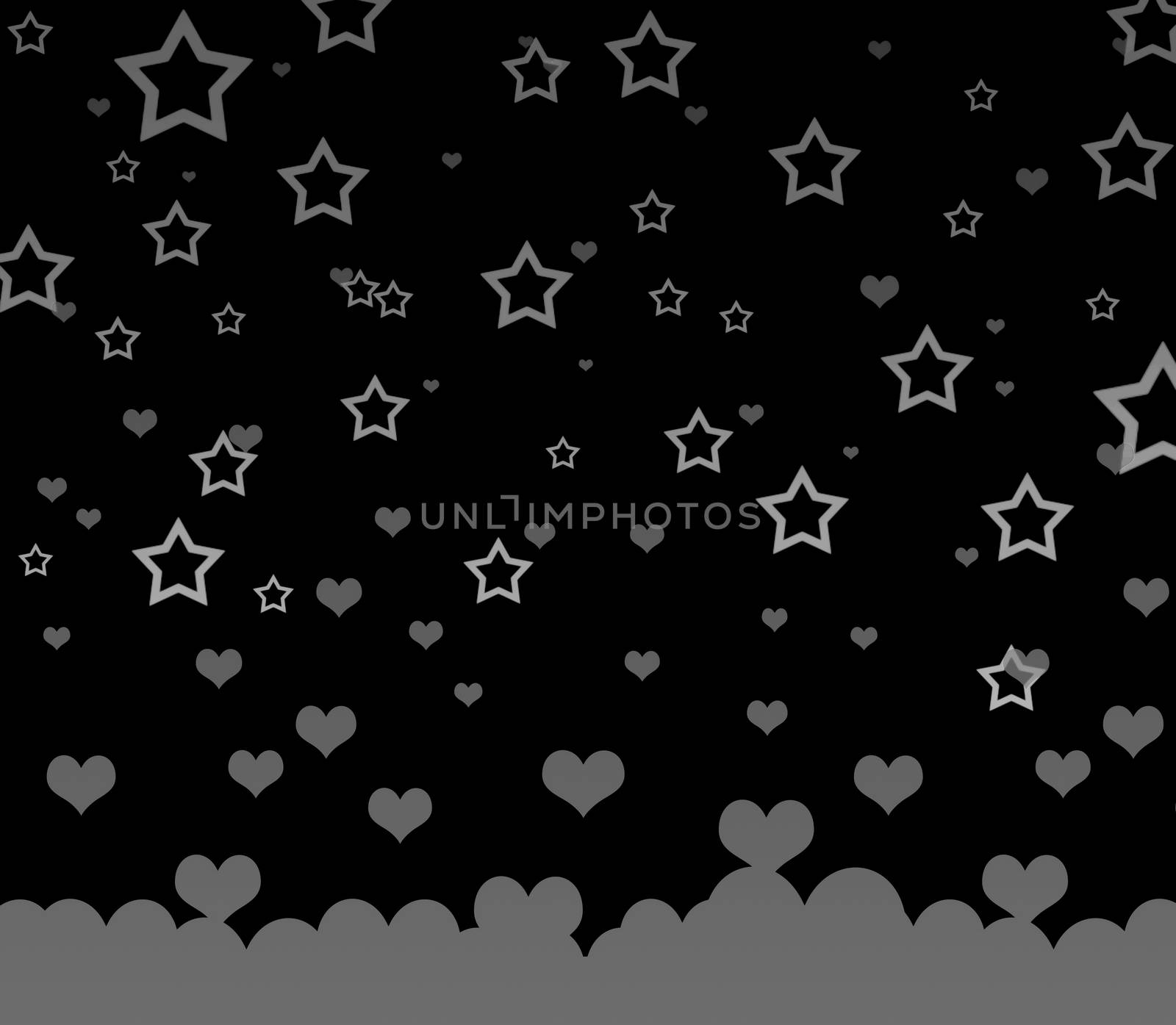 Black hearts and star on black background.