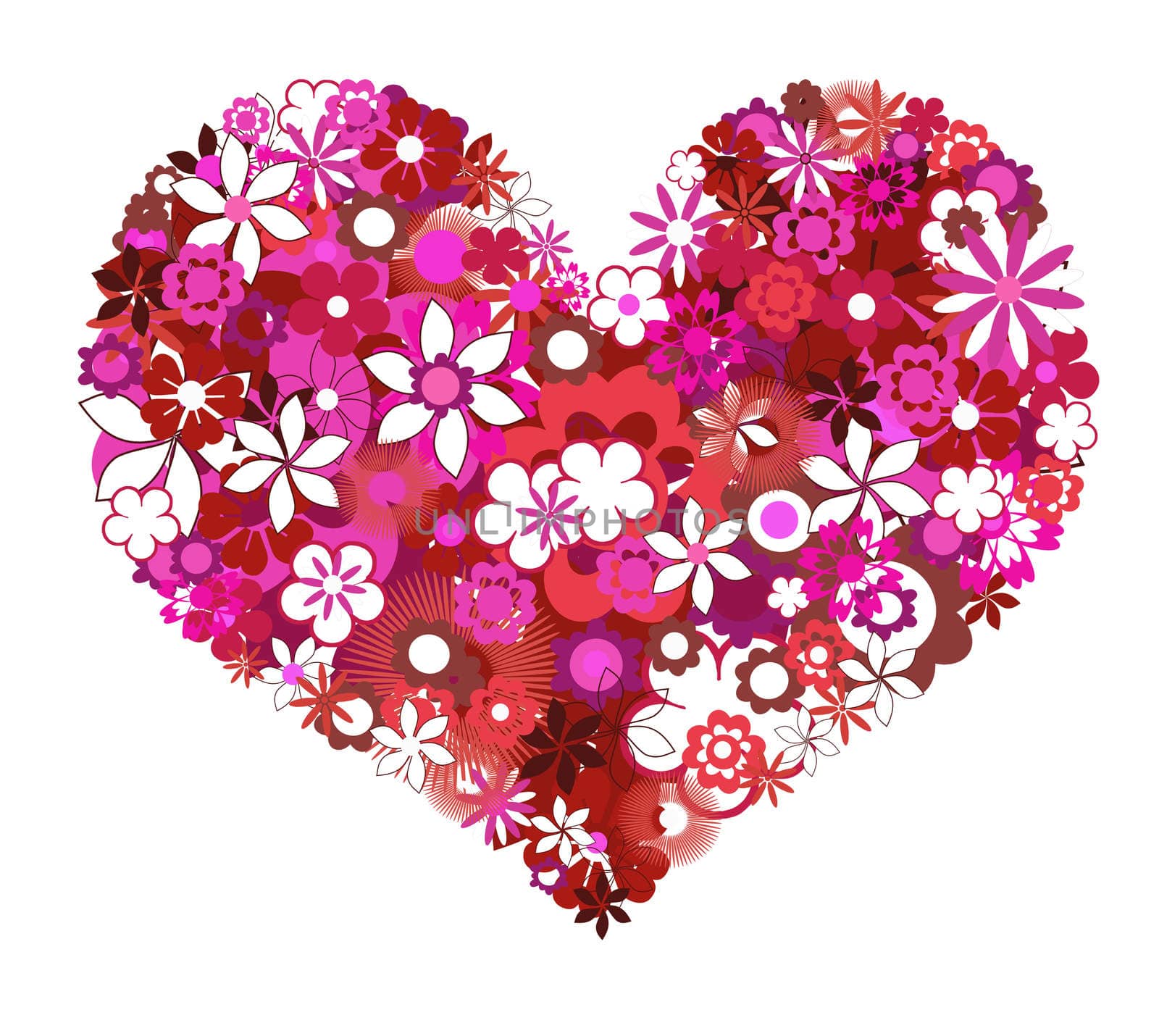 Pink flowers heart shape on white background