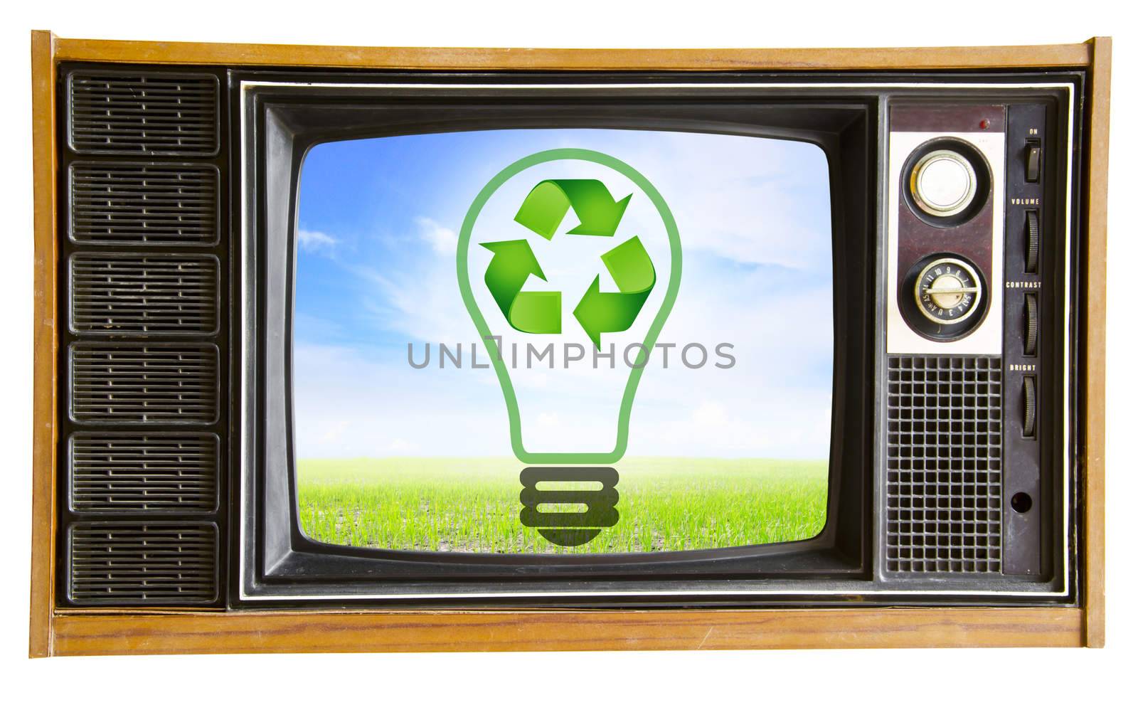 vintage television with blue sky and recycle sign, clipping path. eco friendly concept.