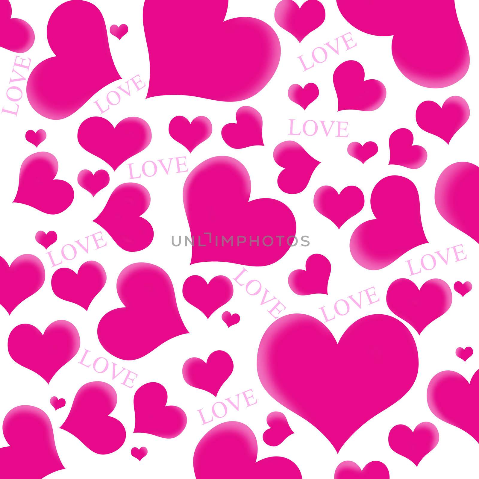 Pink hearts and LOVE wording on the white background