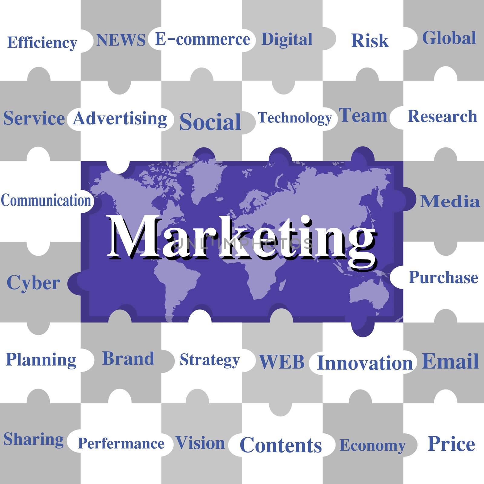 Jigsaw puzzles wording of Marketing on world map background.