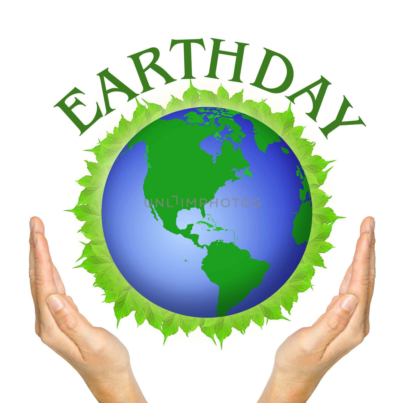 hands and globe on leaves and wording Earthday on white background.