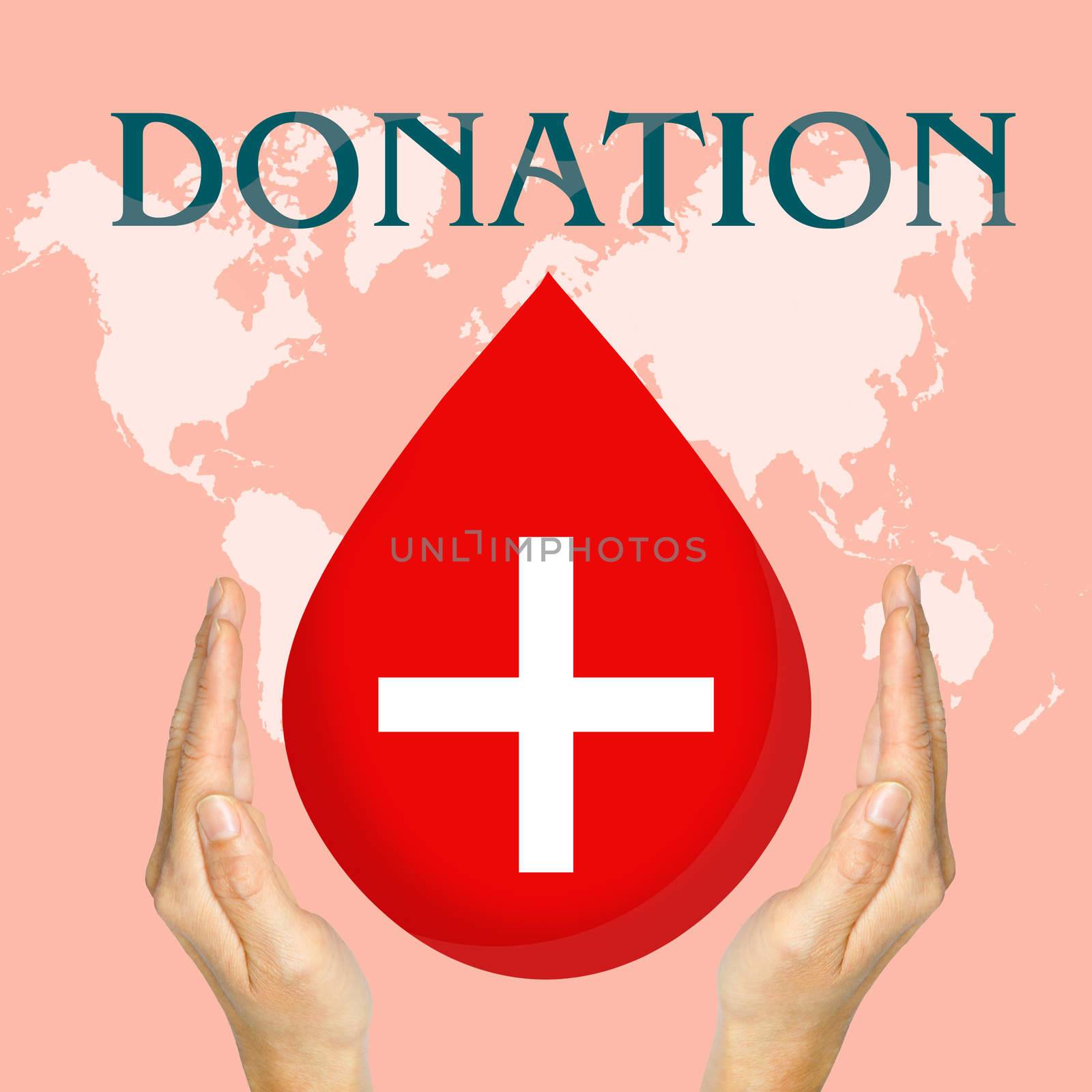 Blood donation and hand medicine help hospital save life heart on map world background