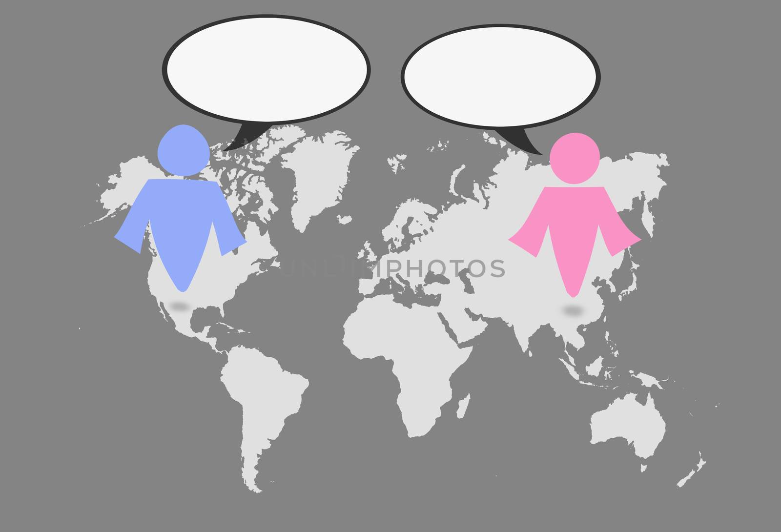 Man and woman symbol on world map and blank board. communication concept.