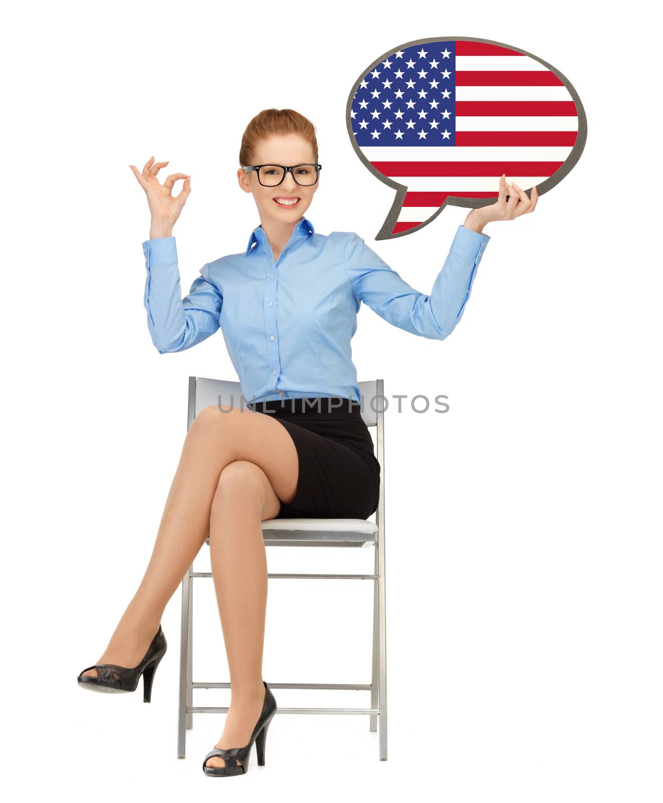 education, foreign language, english, people and communication concept - smiling woman holding text bubble of american flag and showing ok gesture