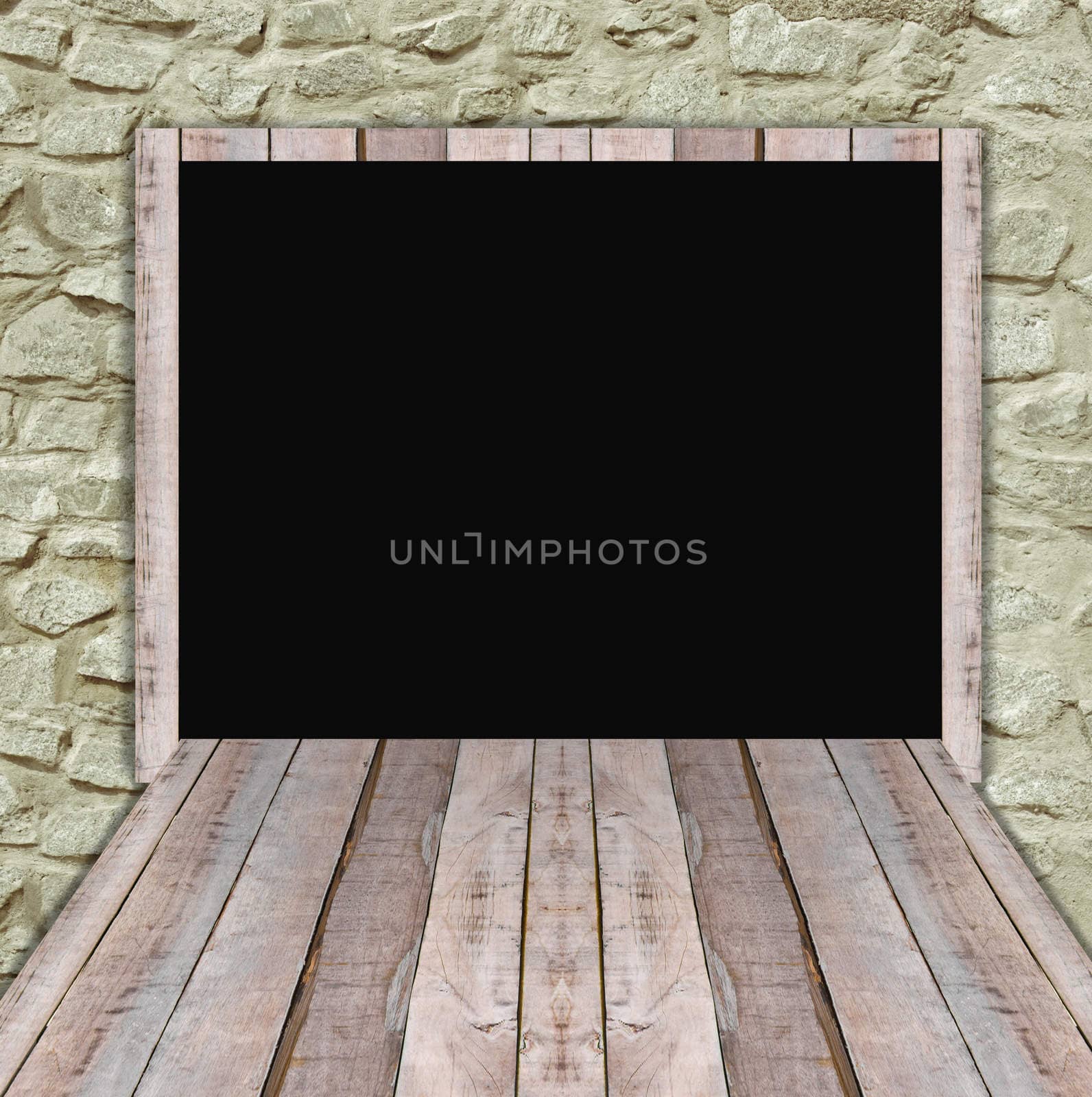 Blank wood billboard for new advertisement on stone wall