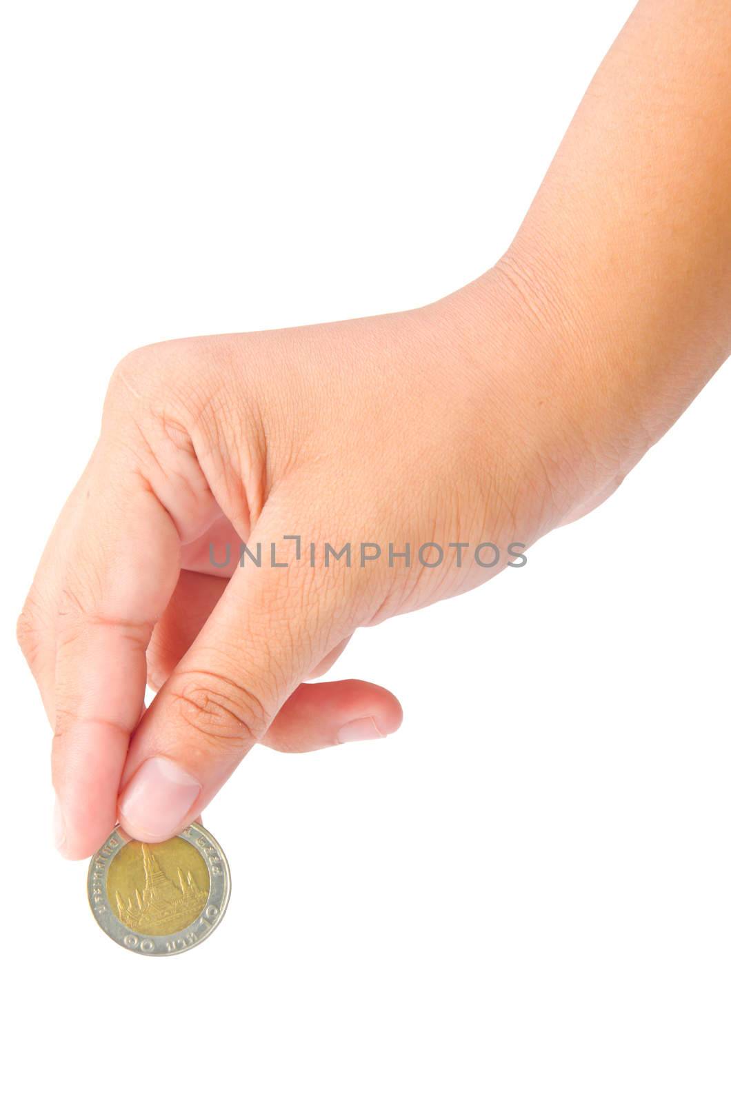 Thai bath coins in women hand isolated on white background.