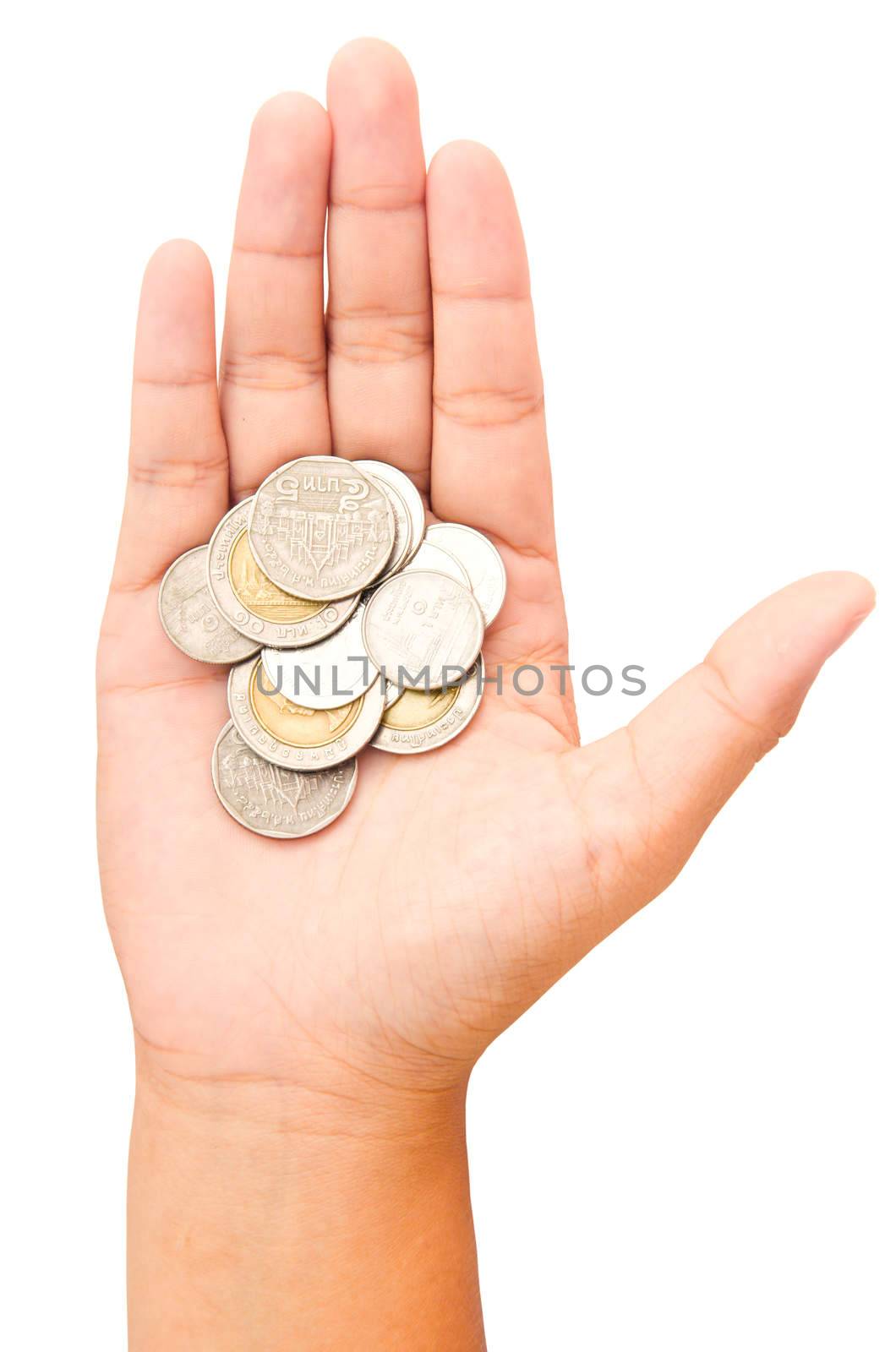 Thai bath coins in women hand isolated on white background.