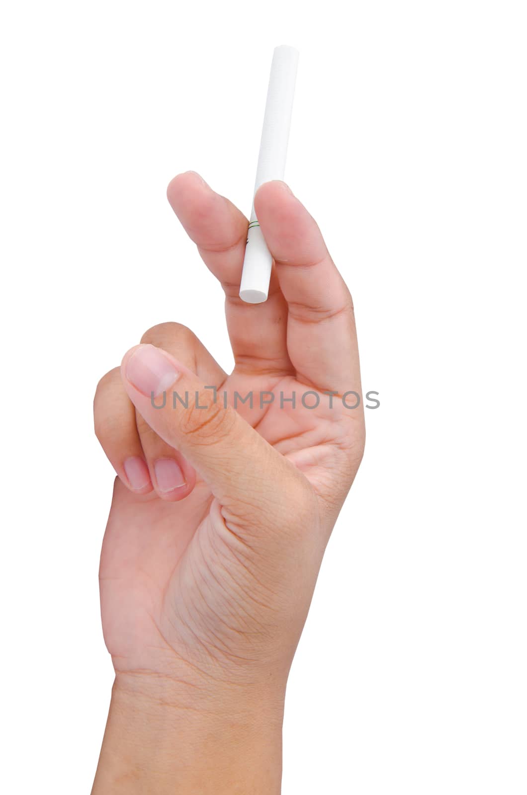 Woman hand holding a cigarette on white background