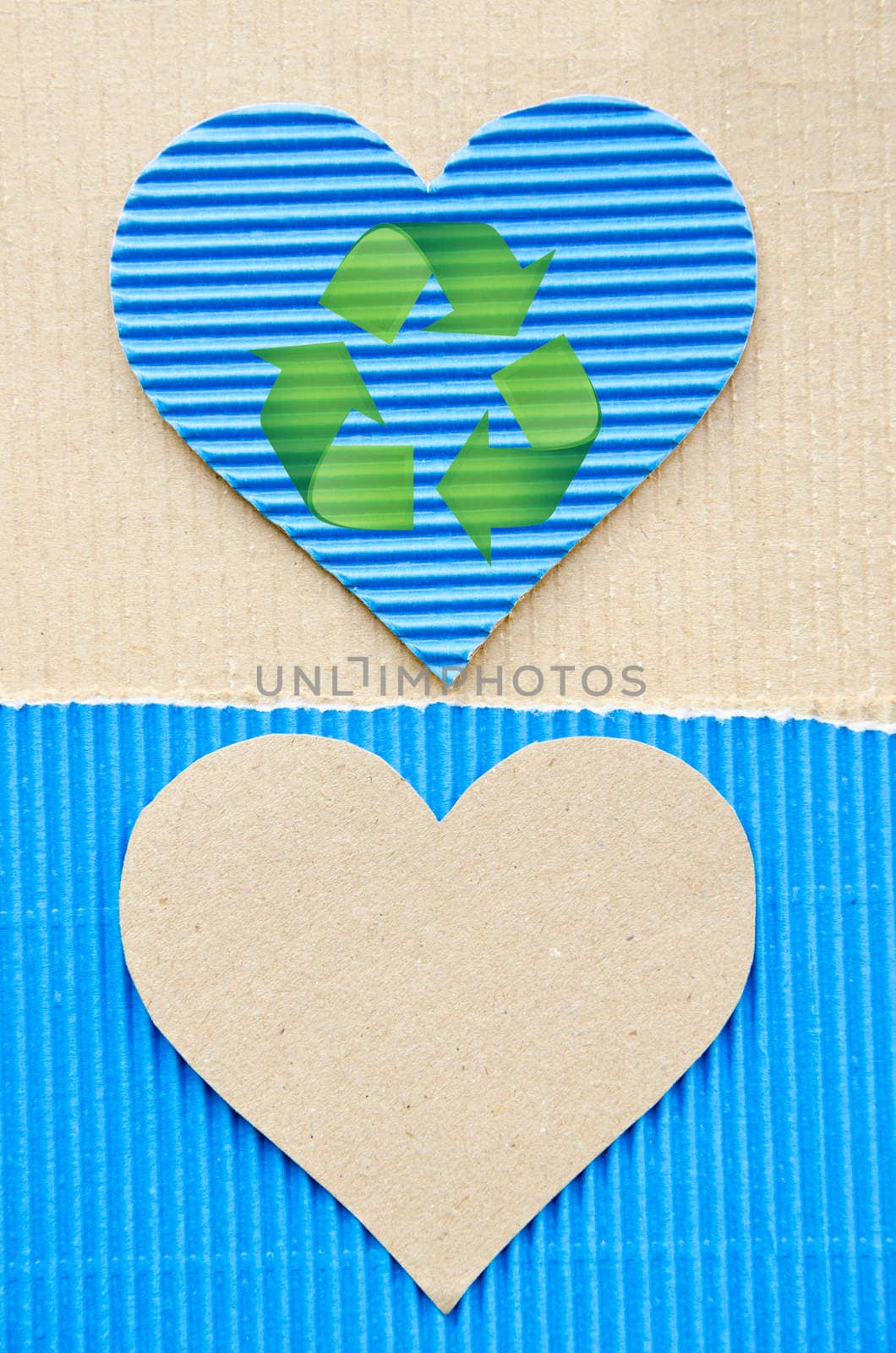 heart blue corrugated paper and sign recycle. recycle paper concept.