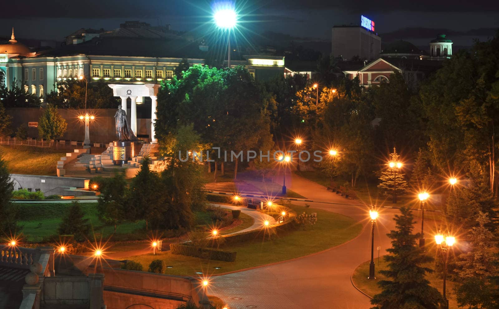 Night view on park near to the Temple of the Christ of the Savior. Moscow. Russia