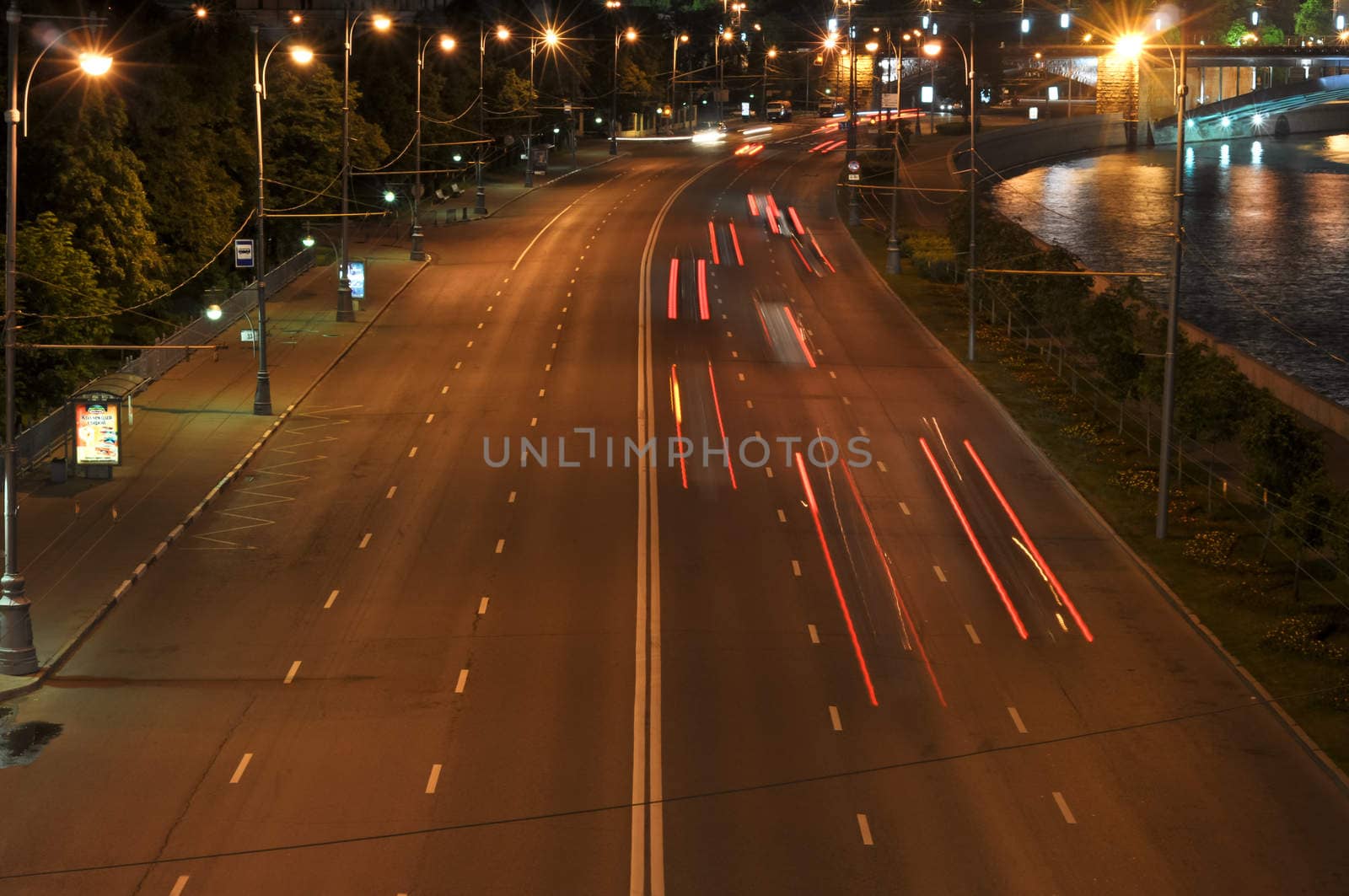 Night view on Prechistensky quay from the Patriarchal bridge. Moscow. Russia