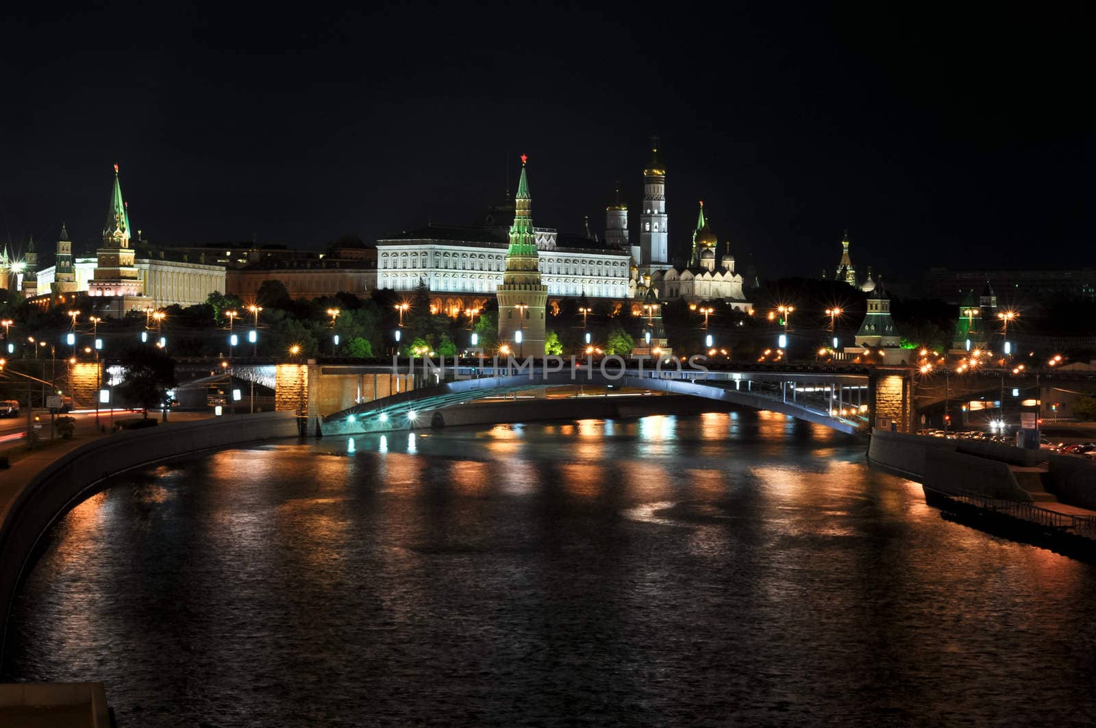 Night view to the Moscow Kremlin from the Patriarchal bridge. Moscow. Russia