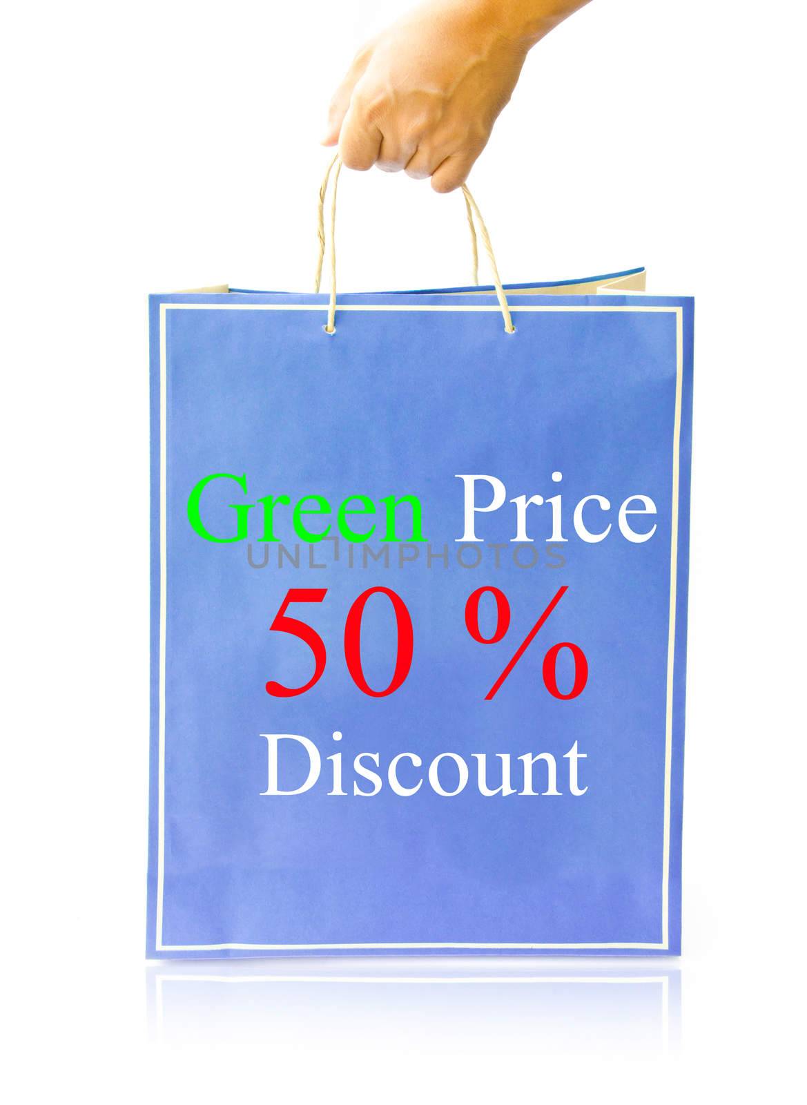 Hand hold blue paper shopping bag on reflect white floor. Green price