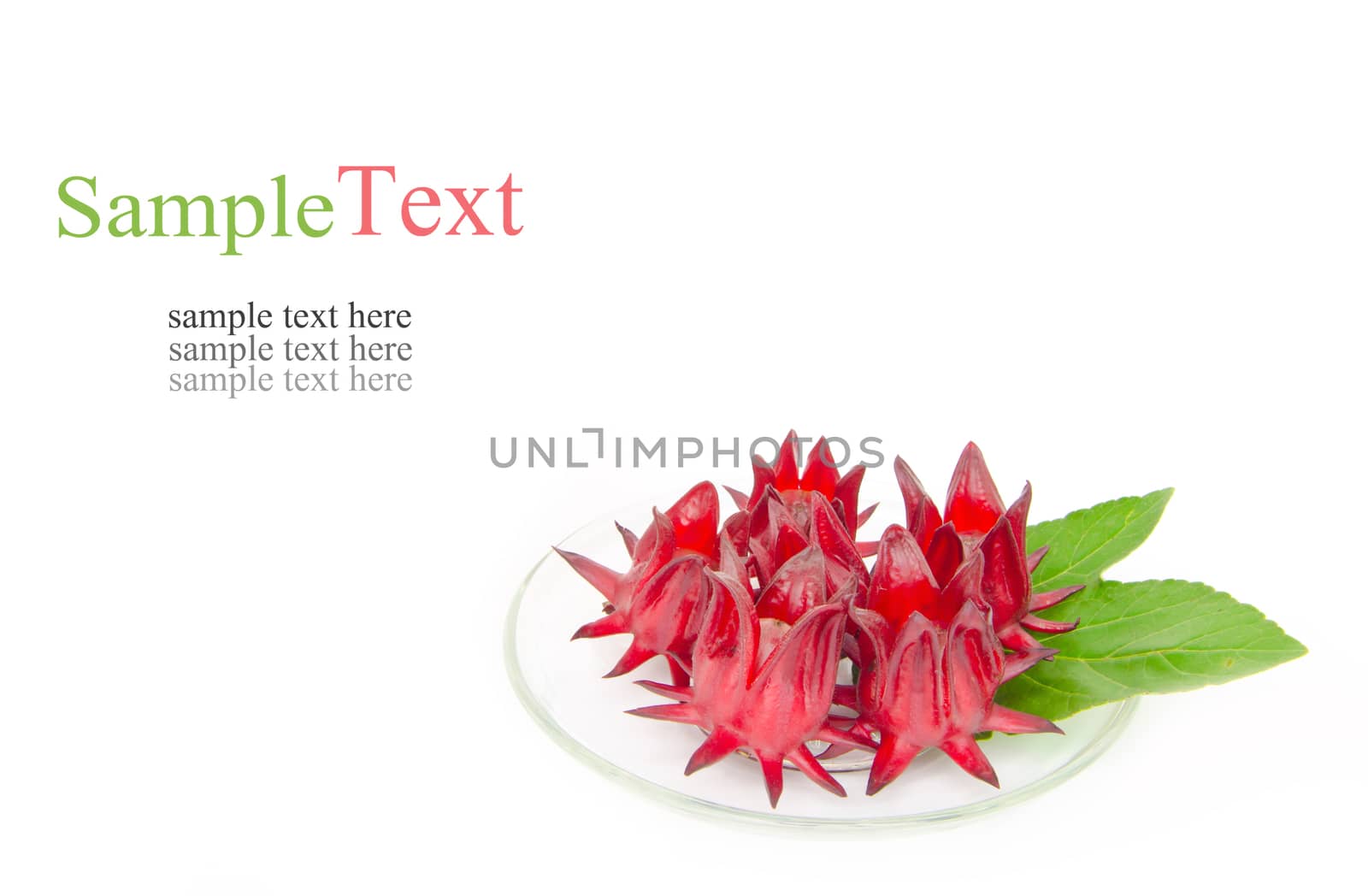 Close up of roselle on glass plate on white background