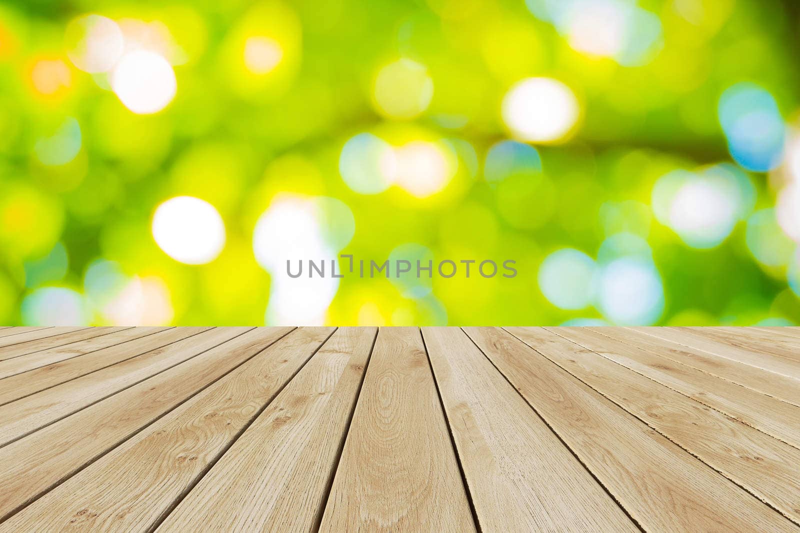 Perspective wood and bokeh light background by teerawit