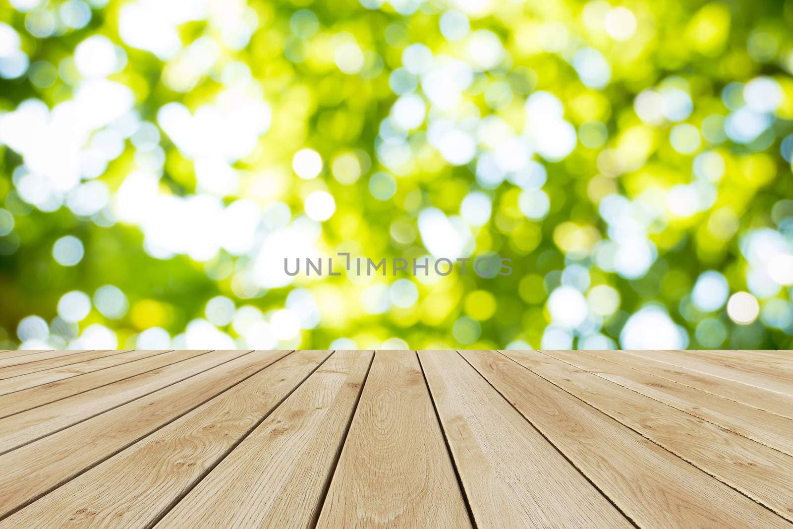Perspective wood and bokeh light background. product display template