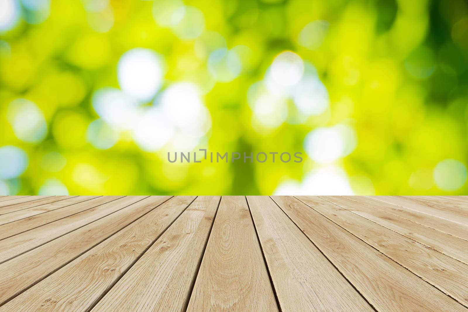 Perspective wood and bokeh light background. product display template