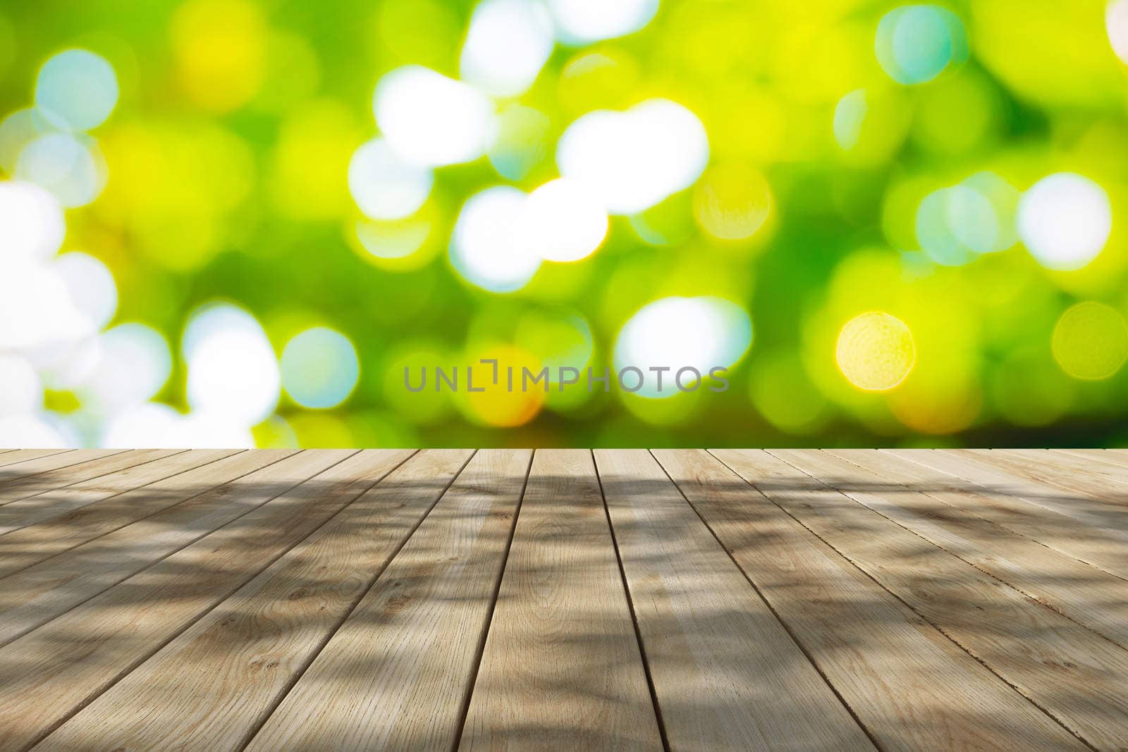 Perspective wood and bokeh light background by teerawit