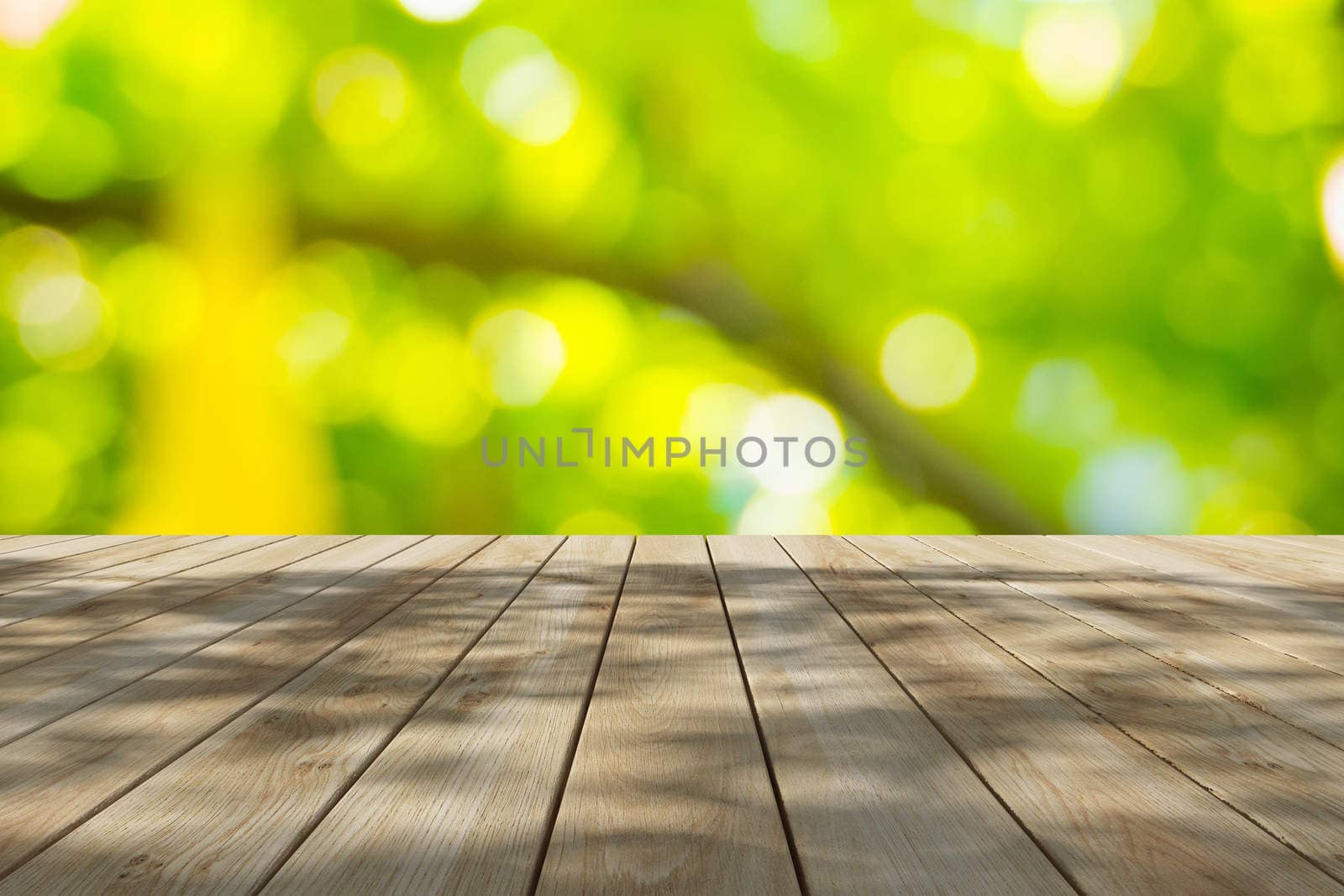 Perspective wood and bokeh light background. product display template