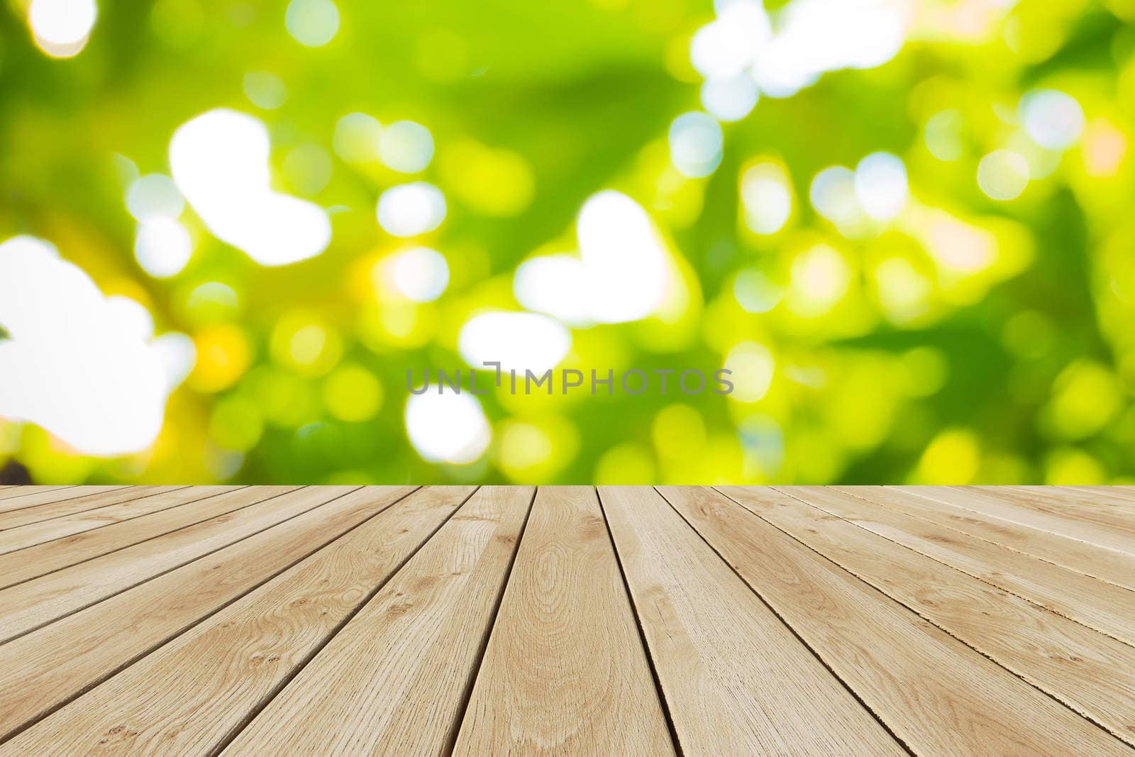 Perspective wood and bokeh light background. product display template