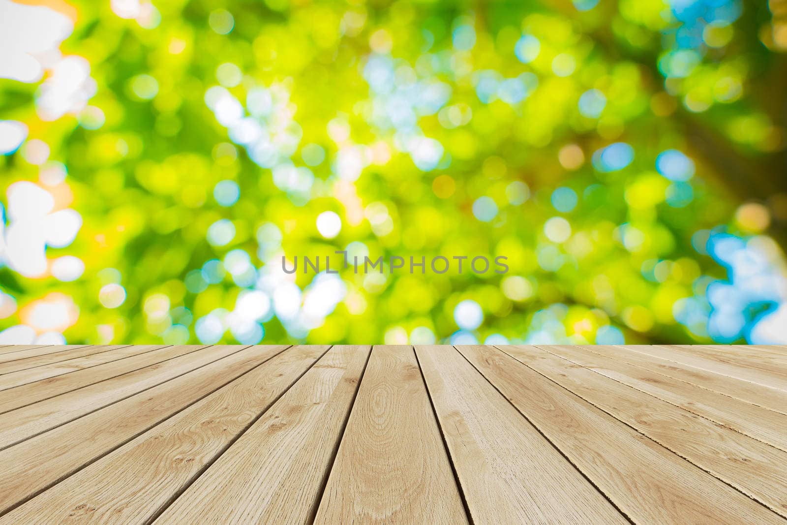 Perspective wood and bokeh light background. product display template