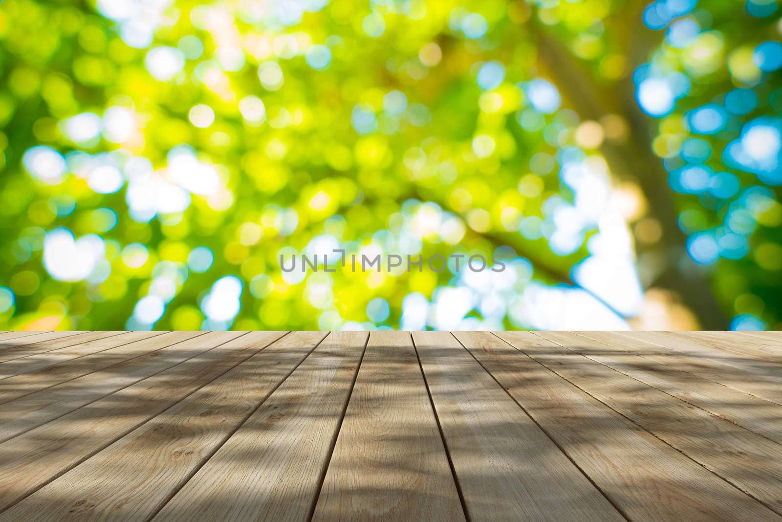 Perspective wood and bokeh light background. product display template