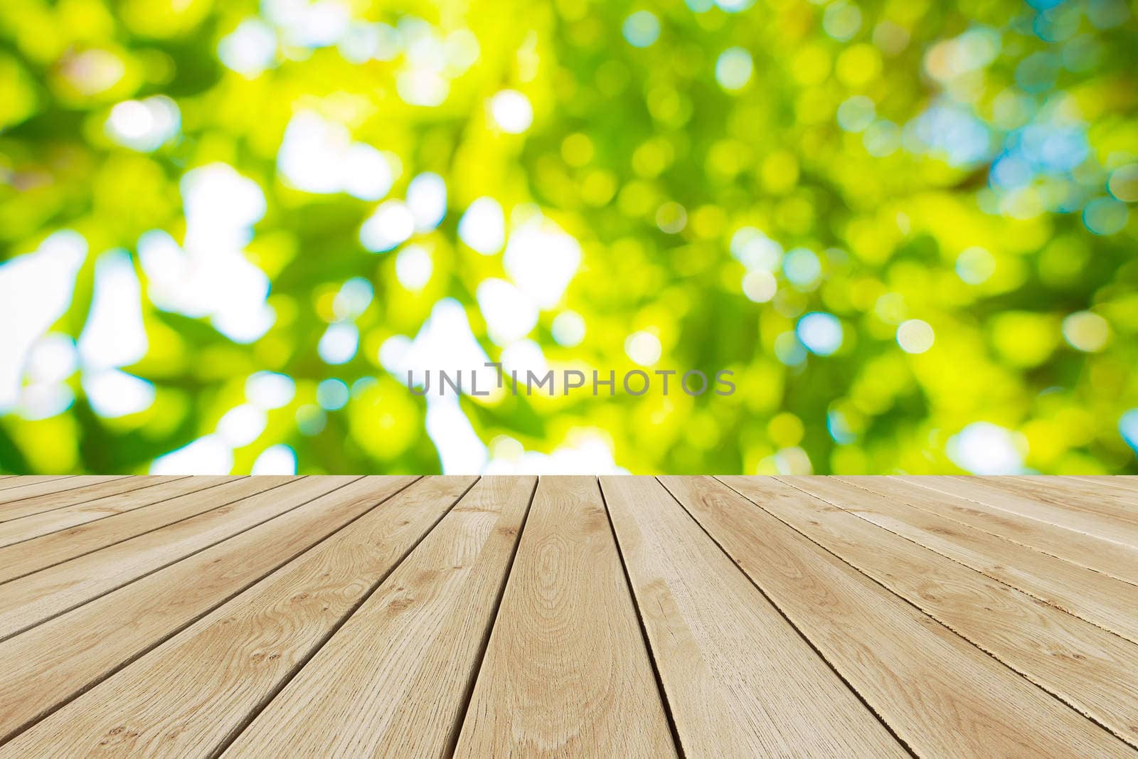 Perspective wood and bokeh light background. product display template