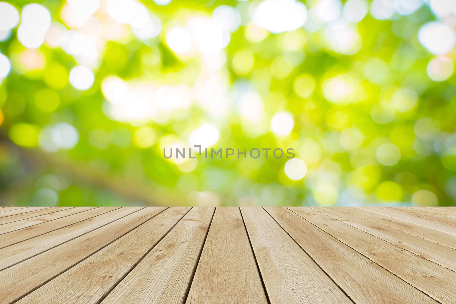 Perspective wood and bokeh light background. product display template