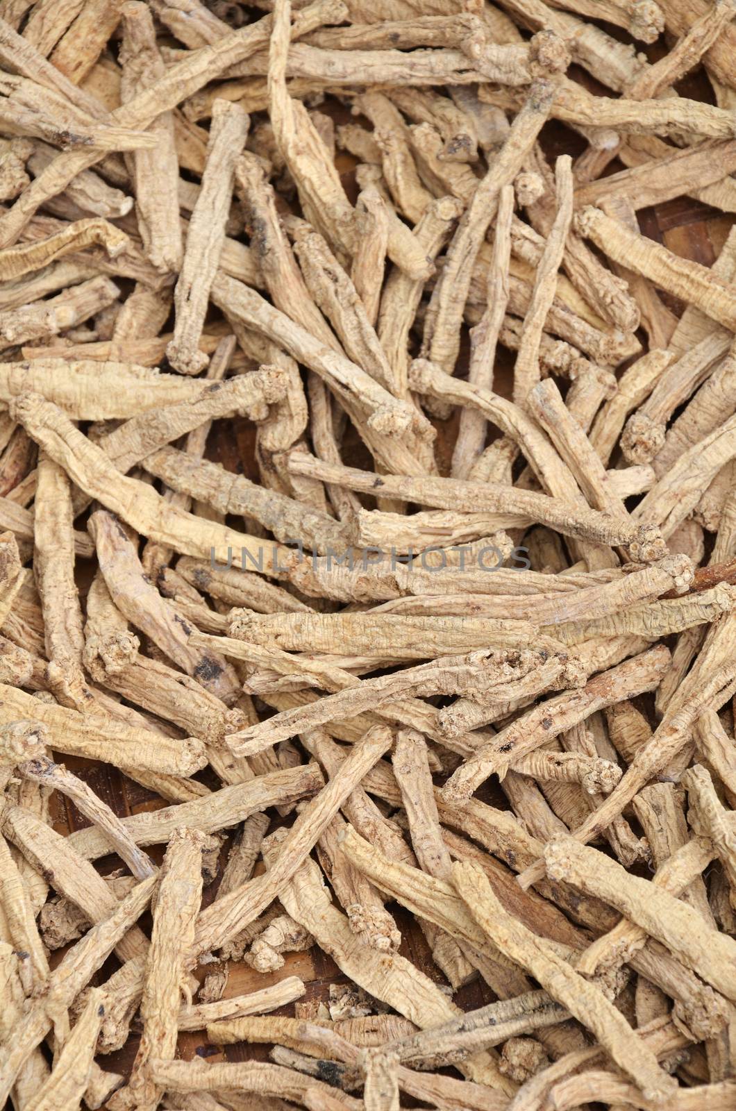 Dry Ginseng roots in Asian food market