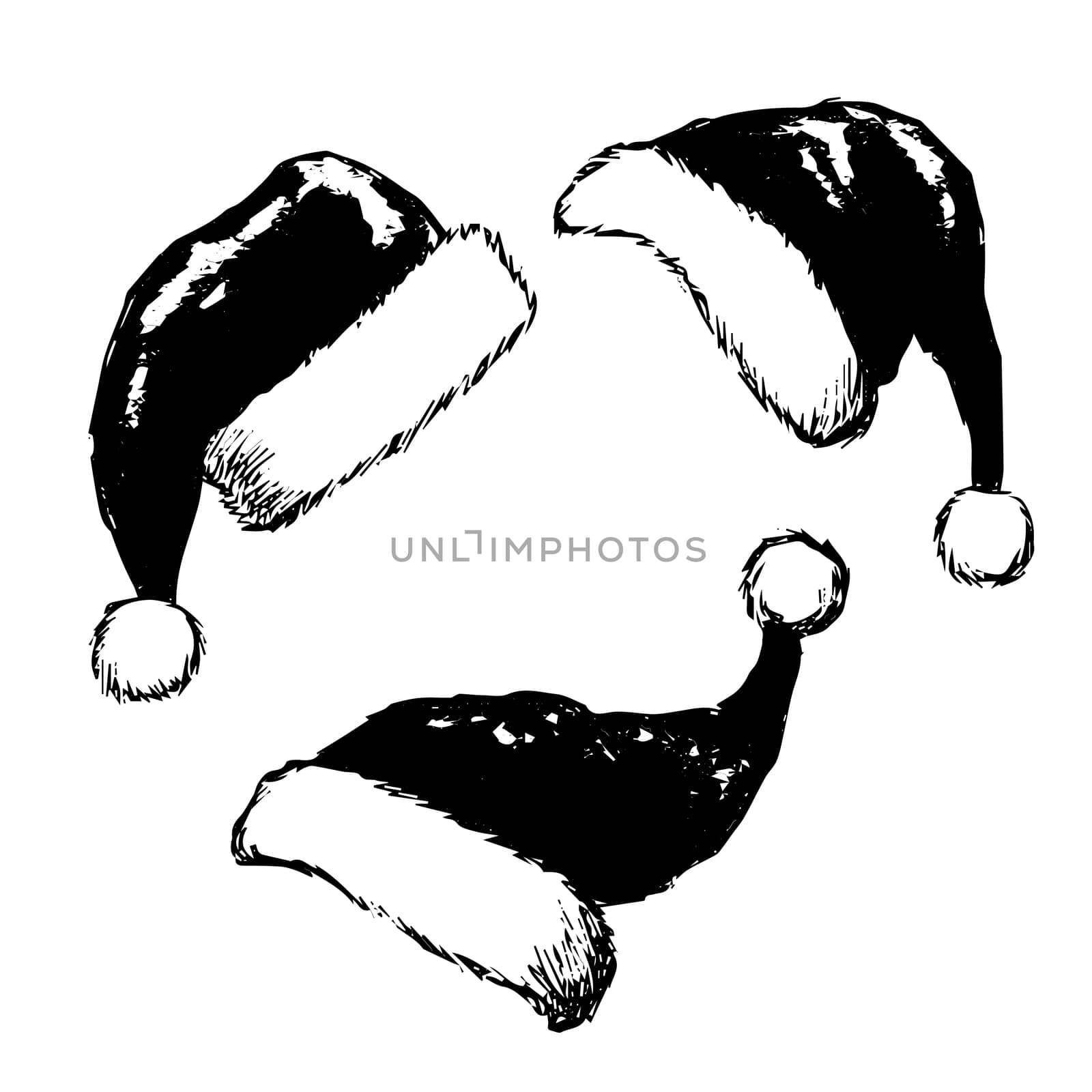 Freehand sketch  illustration of set of grunge christmas hats on white background, doodle hand drawn