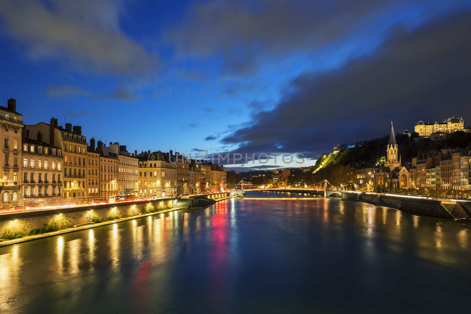 View of Saone river in Lyon city at evening by vwalakte