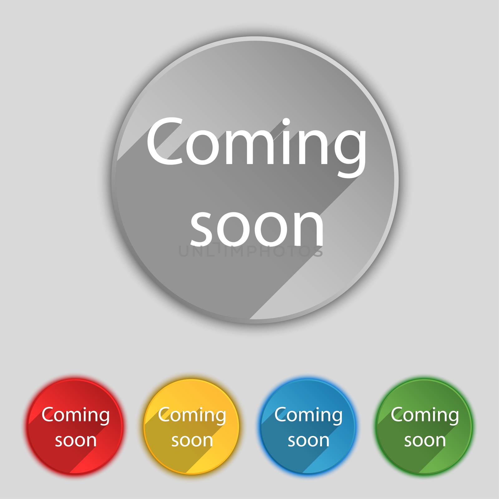 Coming soon sign icon. Promotion announcement symbol. Set of colored buttons. illustration