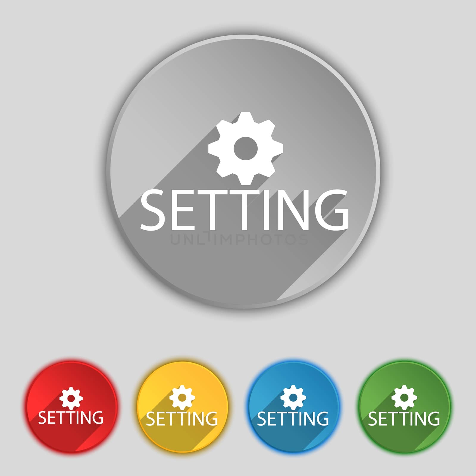 Cog settings sign icon. Cogwheel gear mechanism symbol. Set of colored buttons. illustration