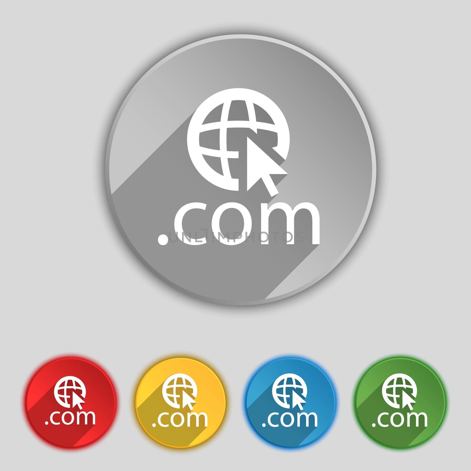 Domain COM sign icon. Top-level internet domain symbol.Set of colored buttons. illustration