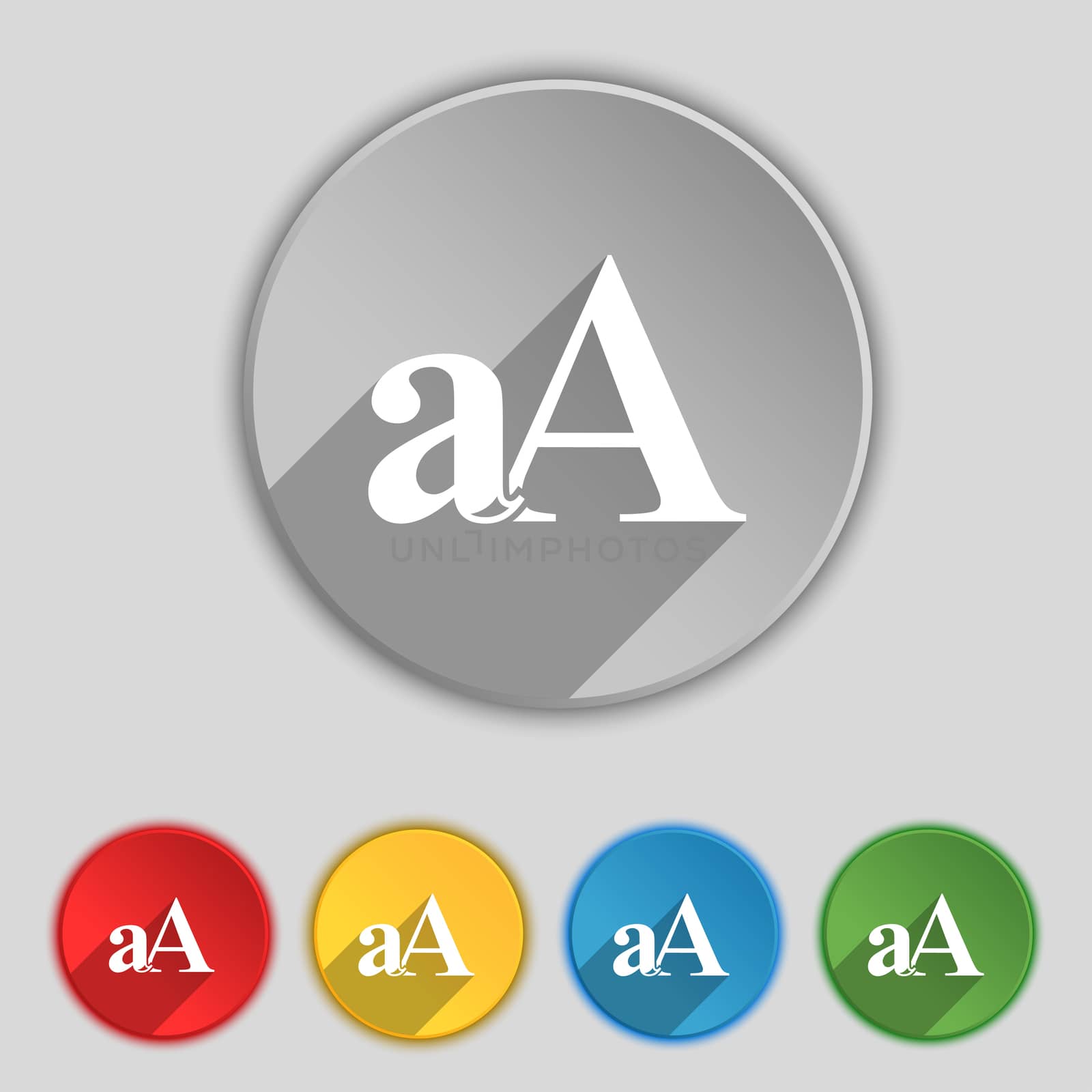 Enlarge font, aA icon sign. Symbol on five flat buttons. illustration