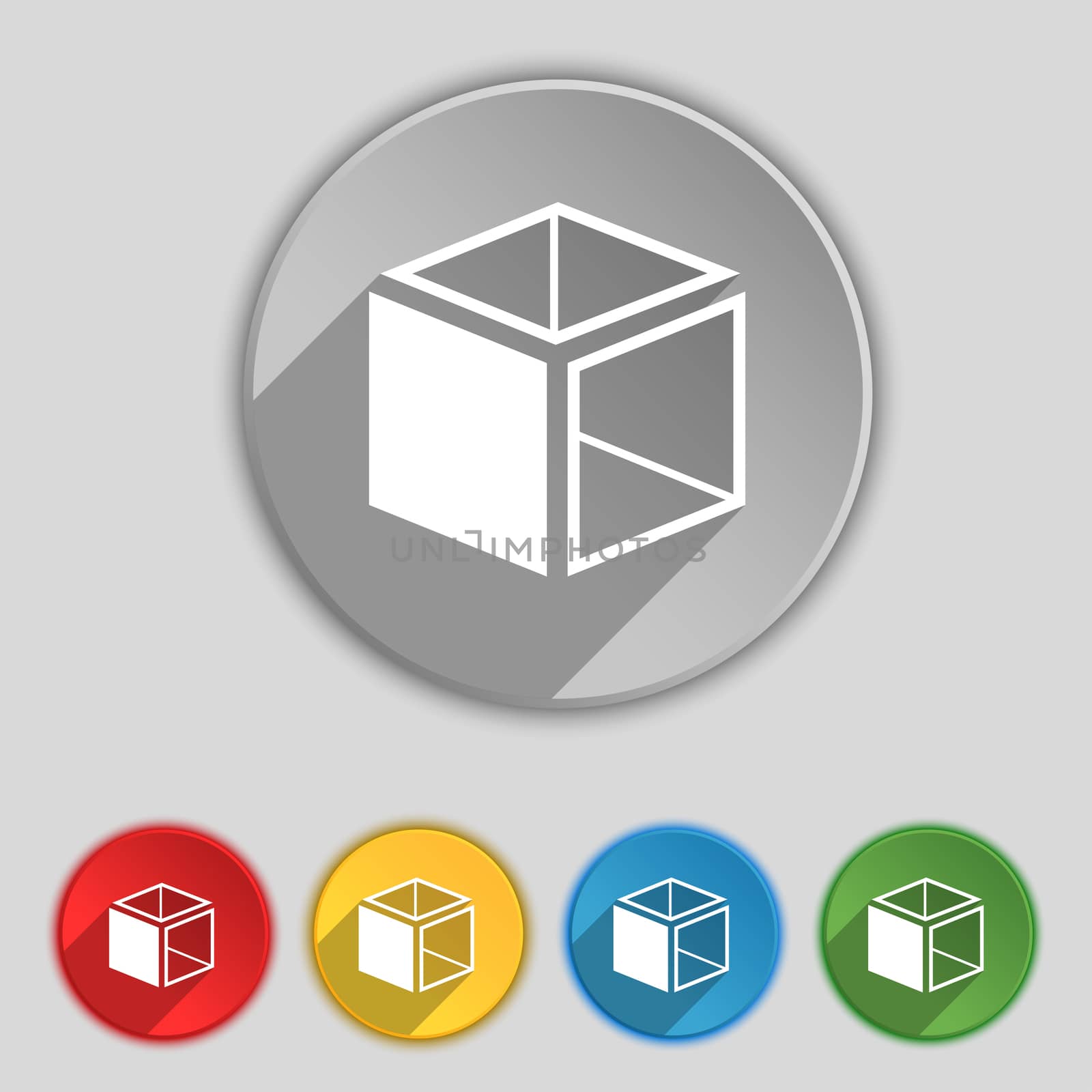 3d cube icon sign. Symbol on five flat buttons.  by serhii_lohvyniuk