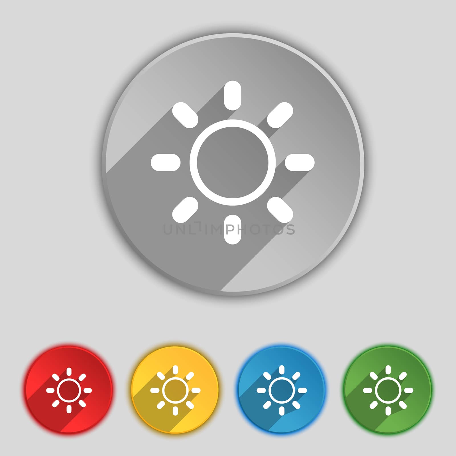 Brightness icon sign. Symbol on five flat buttons.  by serhii_lohvyniuk