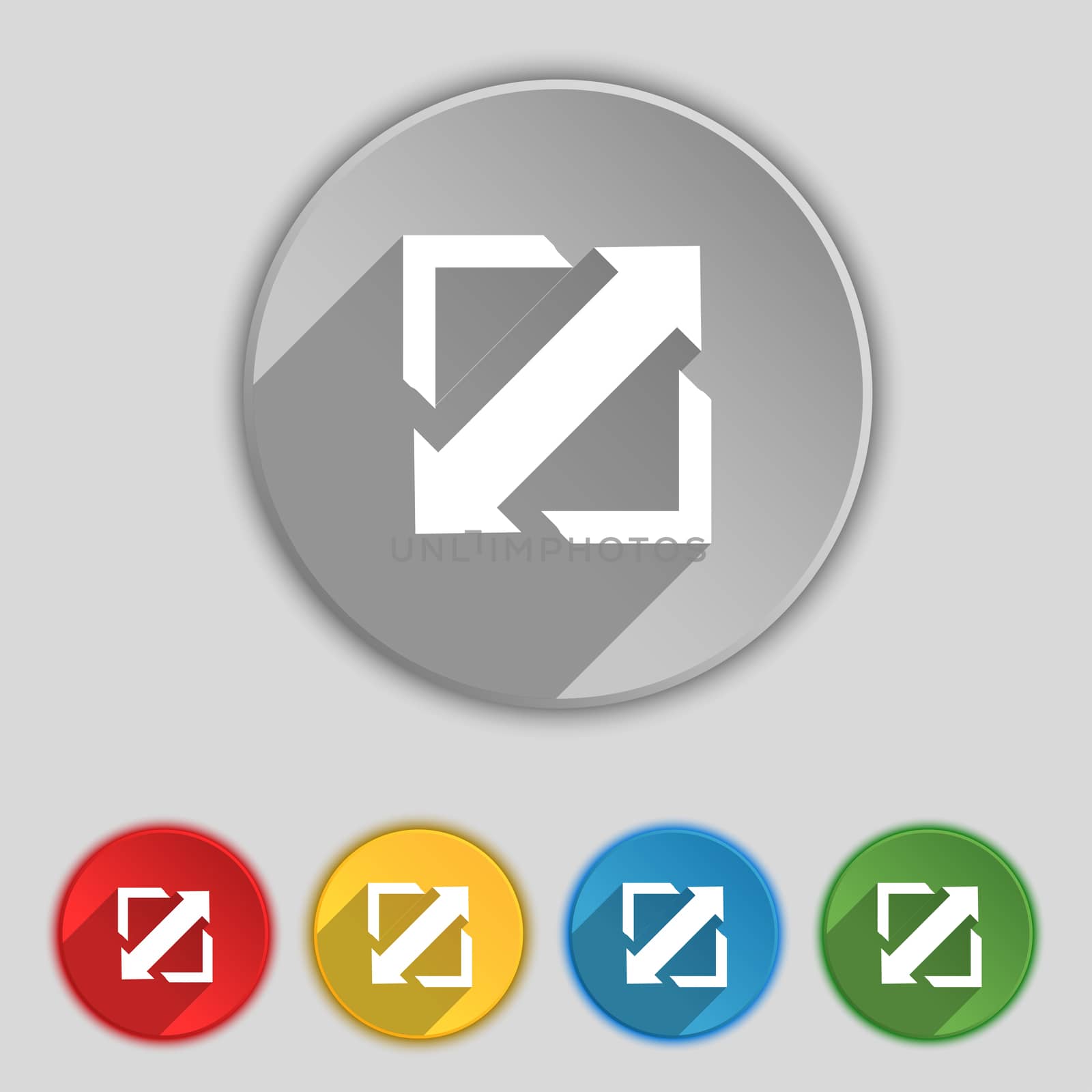 Deploying video, screen size icon sign. Symbol on five flat buttons.  by serhii_lohvyniuk