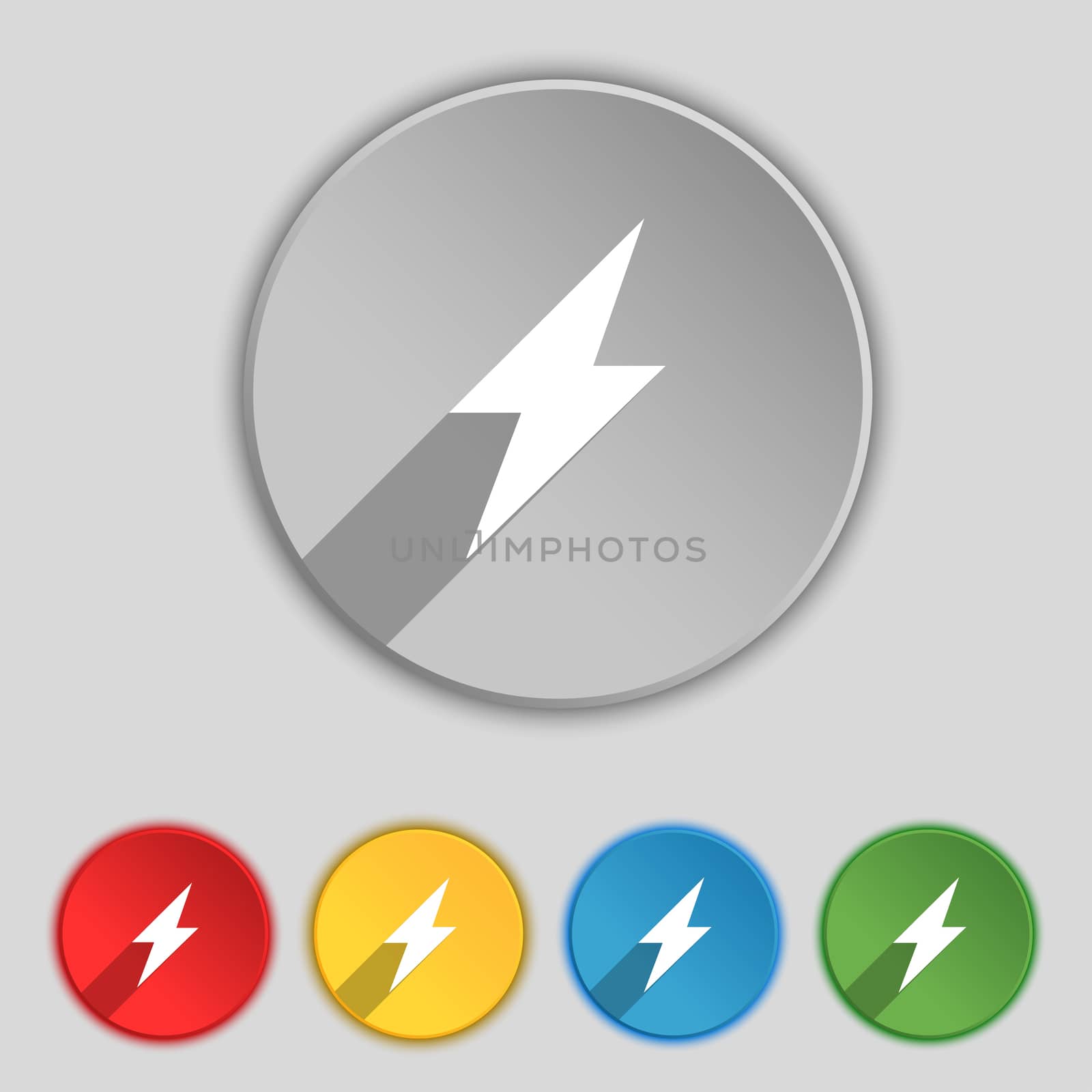Photo flash icon sign. Symbol on five flat buttons.  by serhii_lohvyniuk
