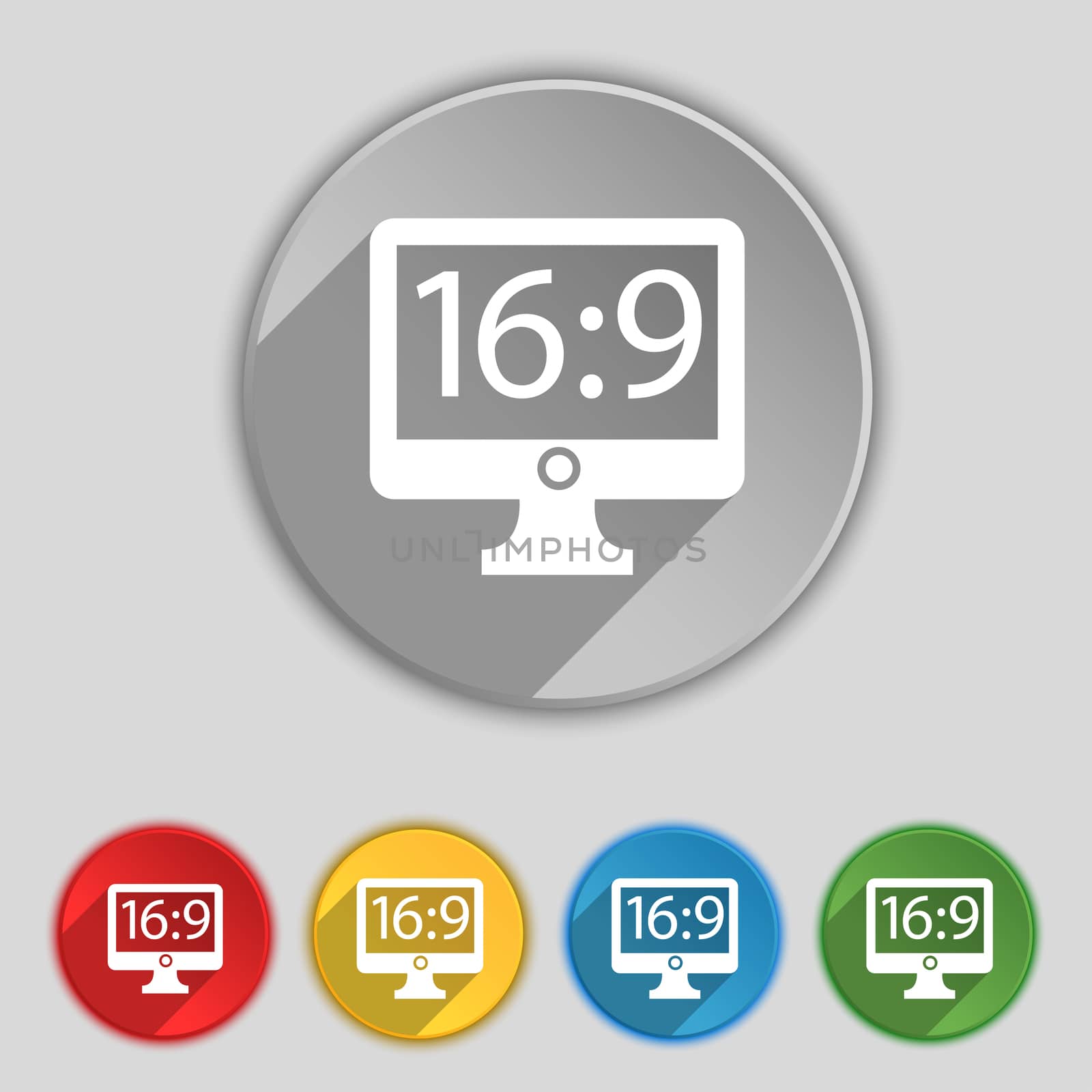 Aspect ratio 16 9 widescreen tv icon sign. Symbol on five flat buttons.  by serhii_lohvyniuk