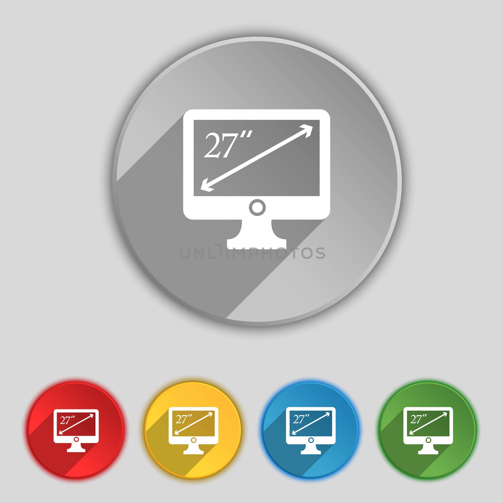 diagonal of the monitor 27 inches icon sign. Symbol on five flat buttons.  by serhii_lohvyniuk