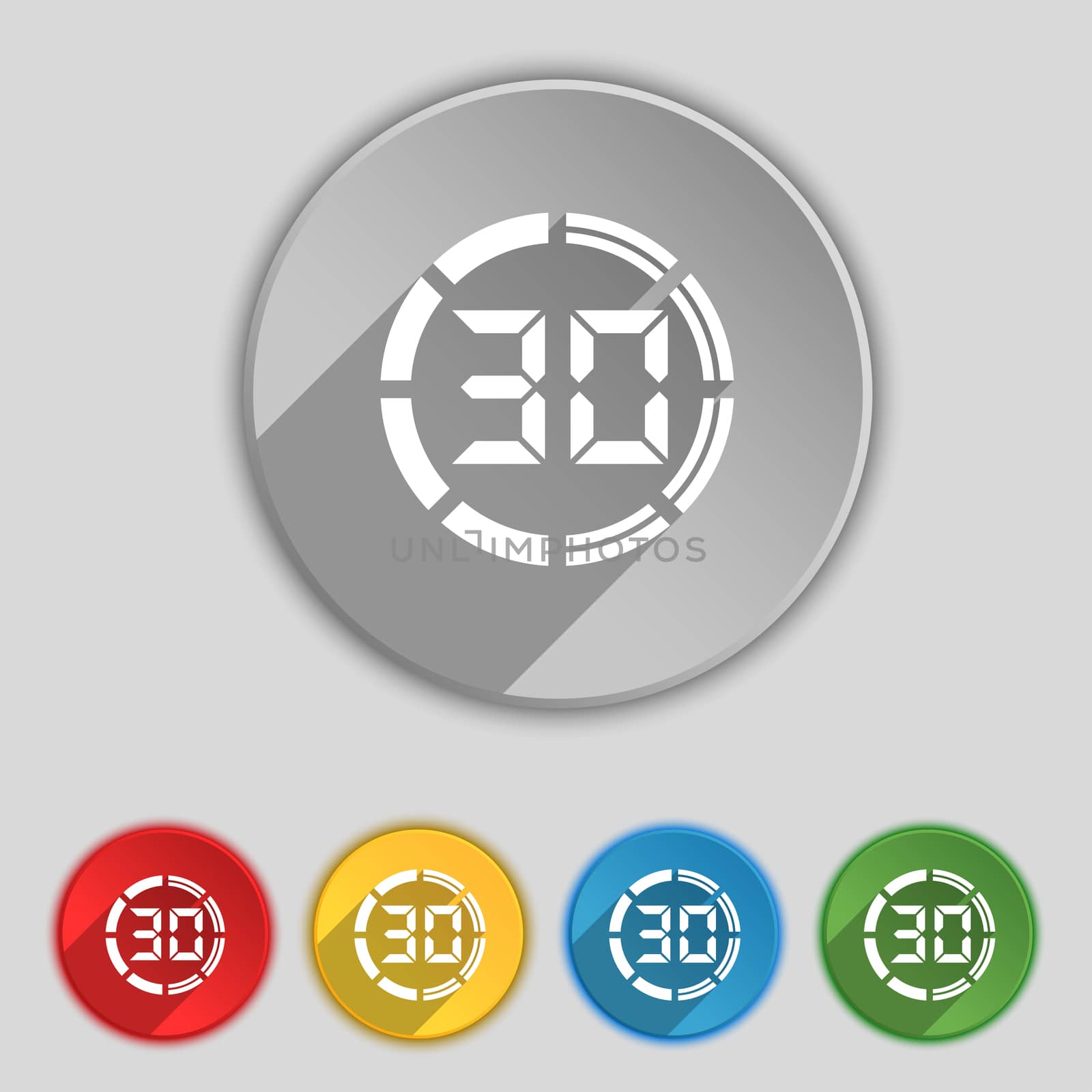 30 second stopwatch icon sign. Symbol on five flat buttons.  by serhii_lohvyniuk