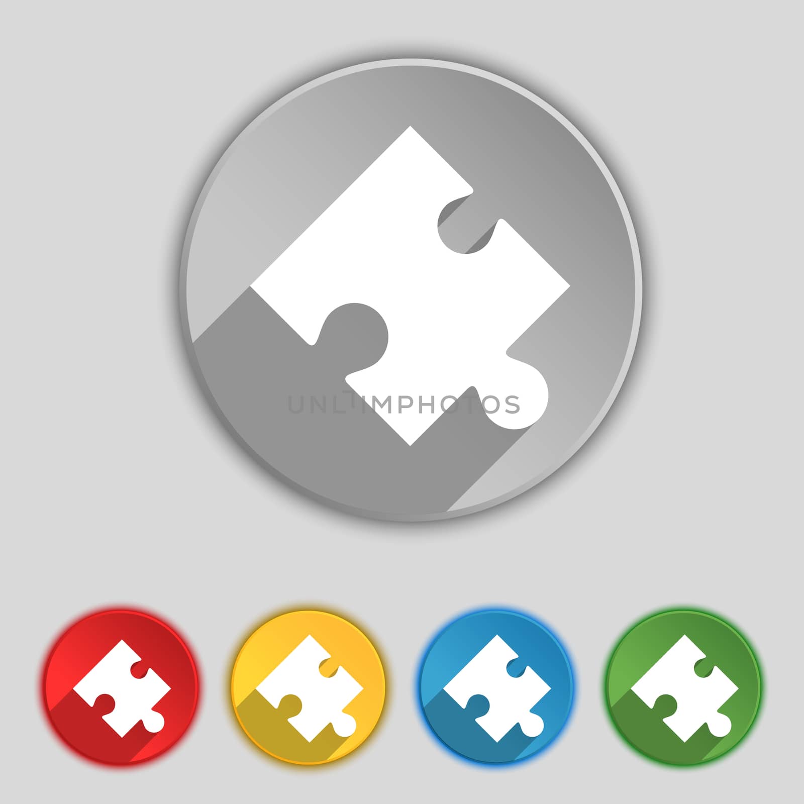 Puzzle piece icon sign. Symbol on five flat buttons. illustration