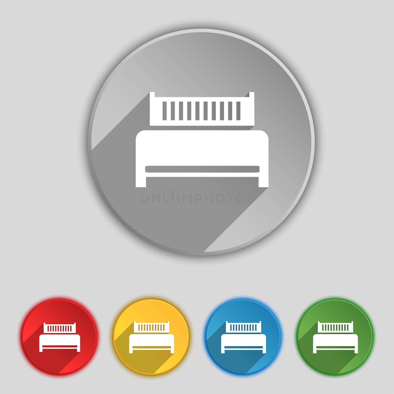 Hotel, bed icon sign. Symbol on five flat buttons. illustration